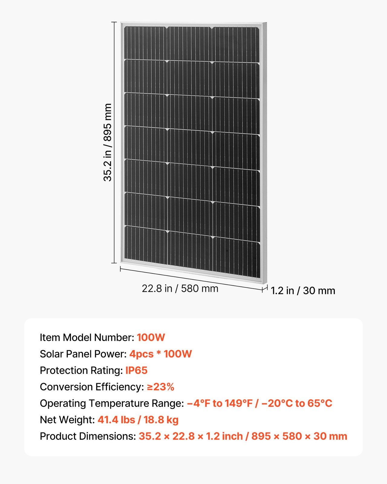 VEVOR 4PCS 100W Monocrystalline Solar Panels PV Module with MC4 Output & Frame