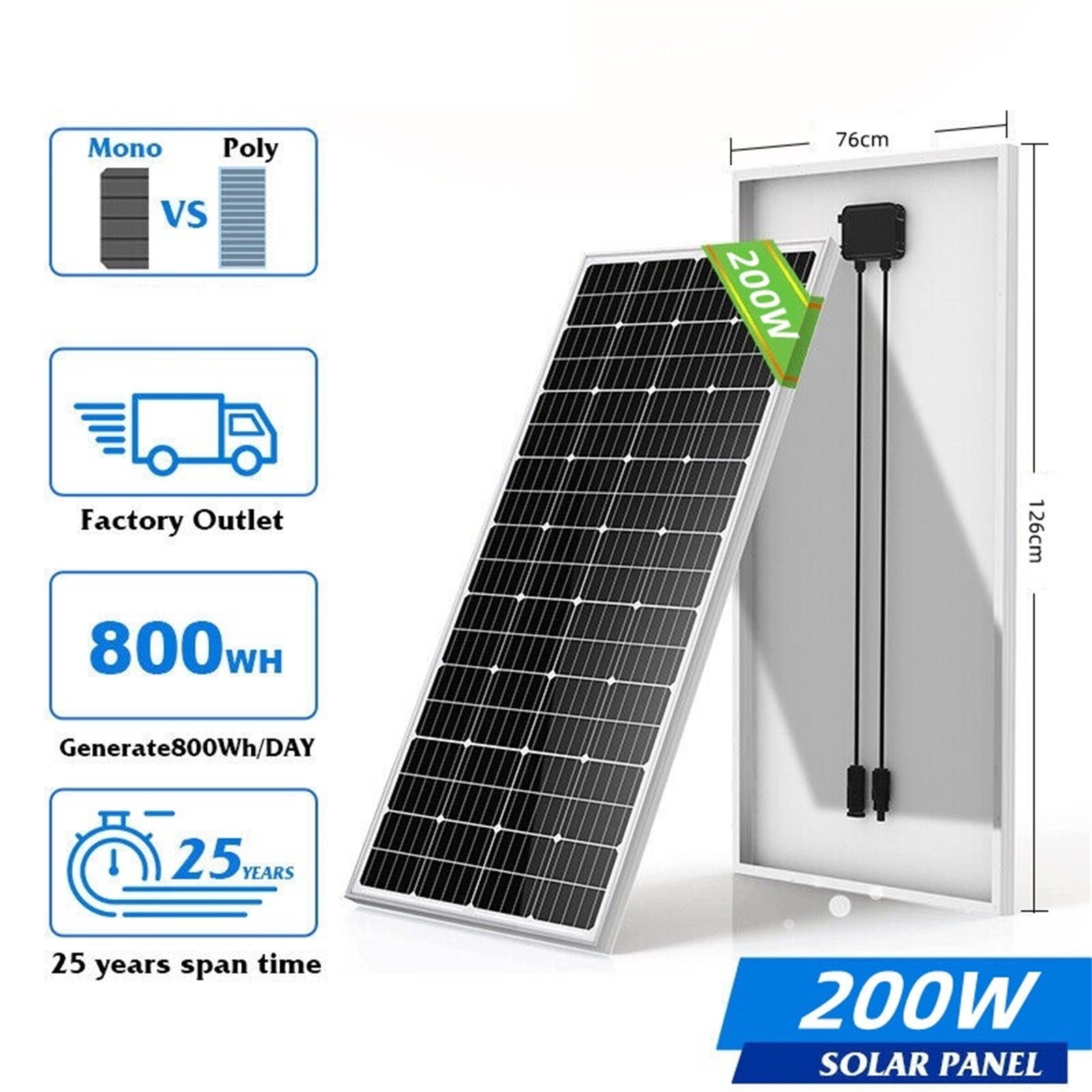 200W 12V Monocrystalline Solar Panel Module PV Power for Battery Charging Boat