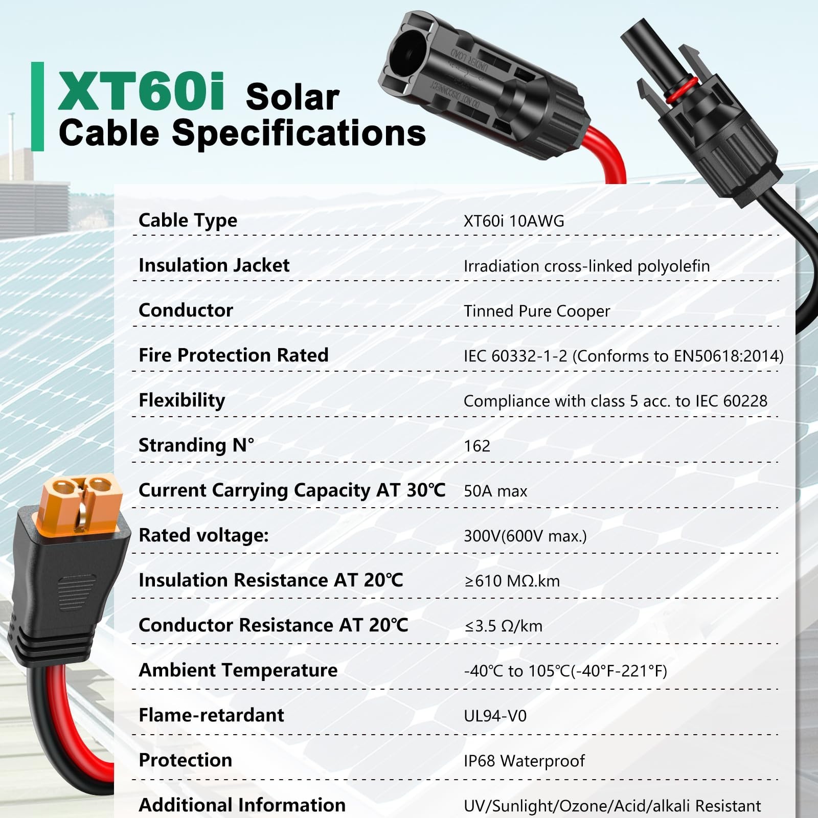 25FT 10AWG Solar XT60i Cable, Solar Panel Connector Extension for Power Station