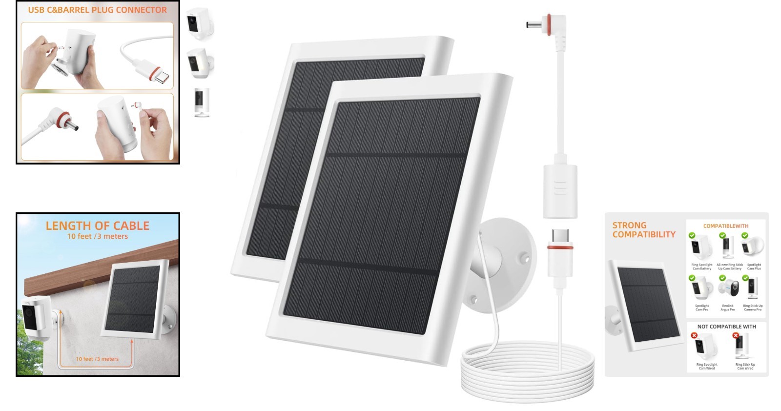 2x 4W Solar Panel for Ring Spotlight & Stick Up Cam – USB-C Adapter Included