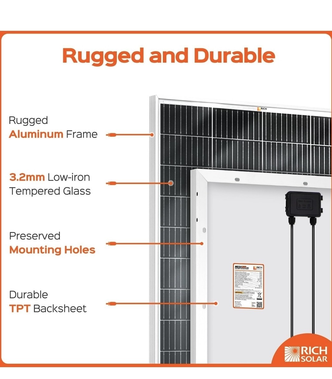 One RICH SOLAR 200 Watt 24 Volt Monocrystalline Solar Panel