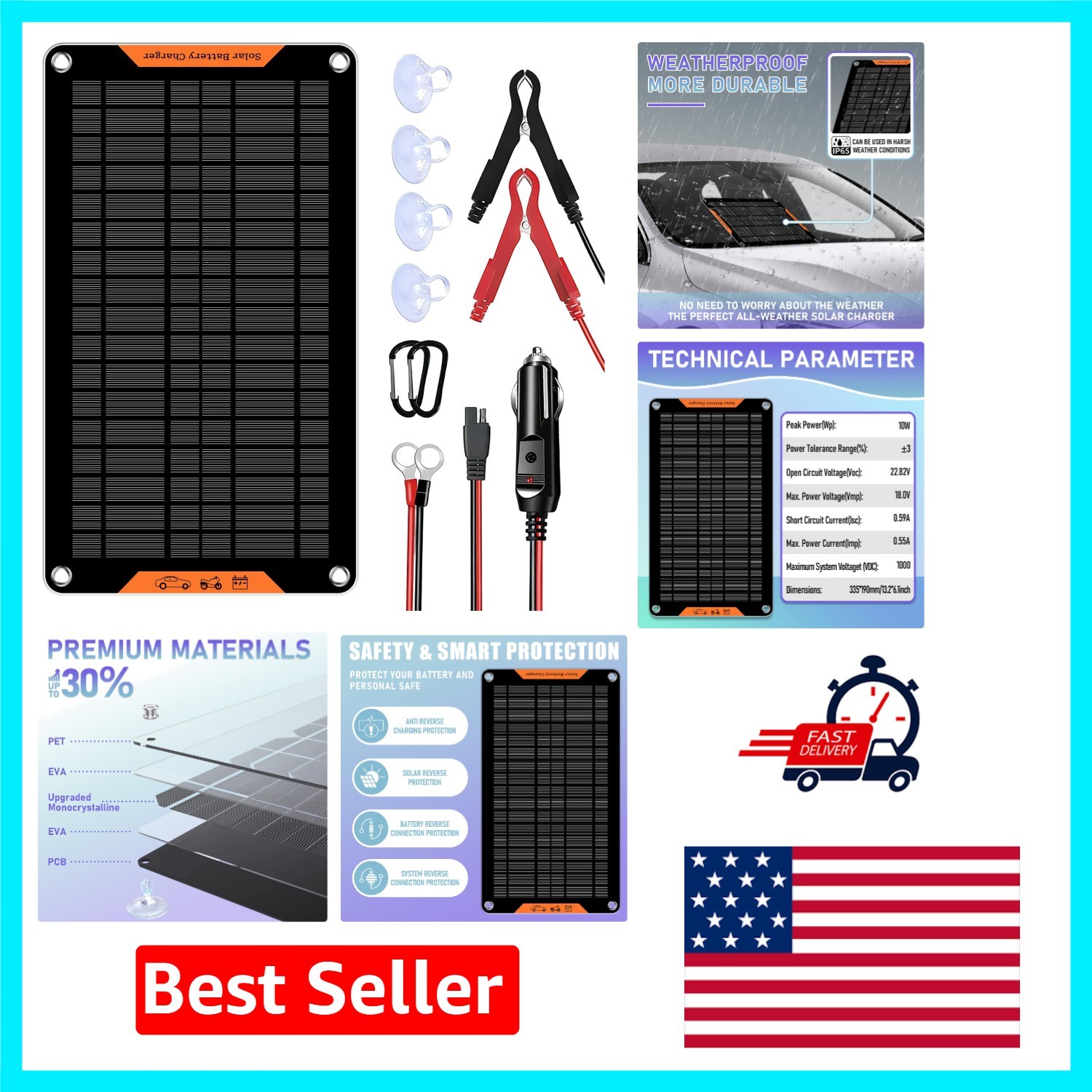 10W Solar Car Battery Charger for Automotive, Motorcycle & RV – Safe & Durable