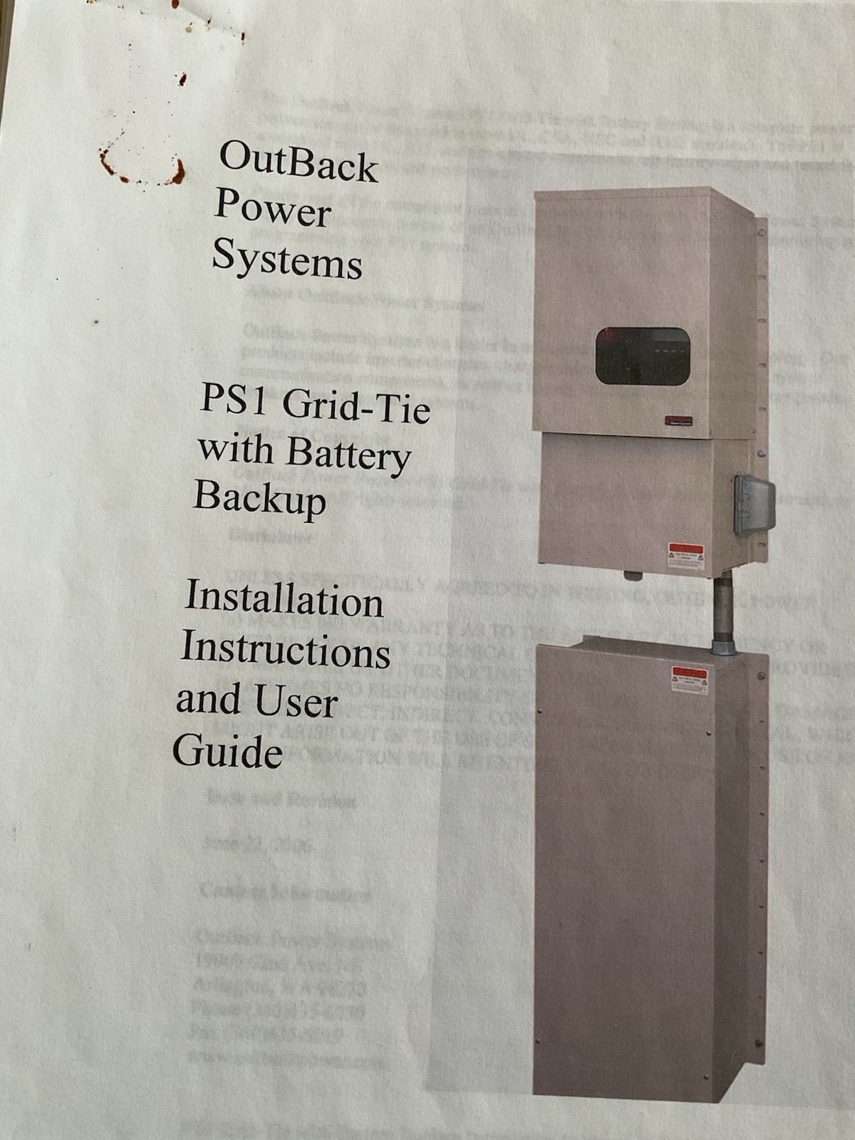 Outback PS1 Grid-Tie With battery Backup