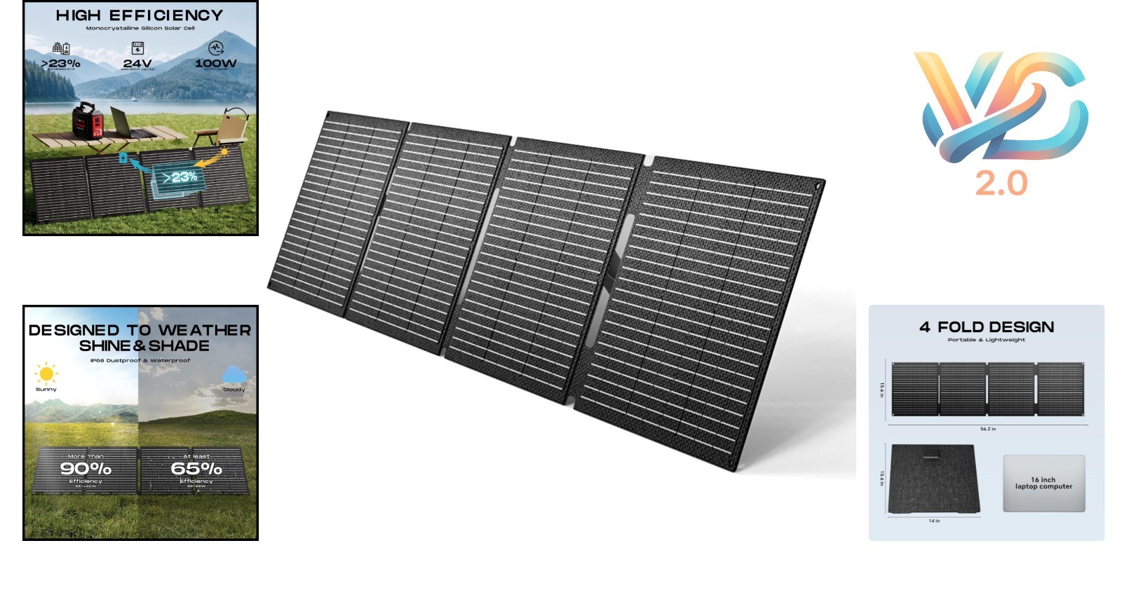100W Foldable Solar Panel Waterproof Portable Camping Power Station Charger