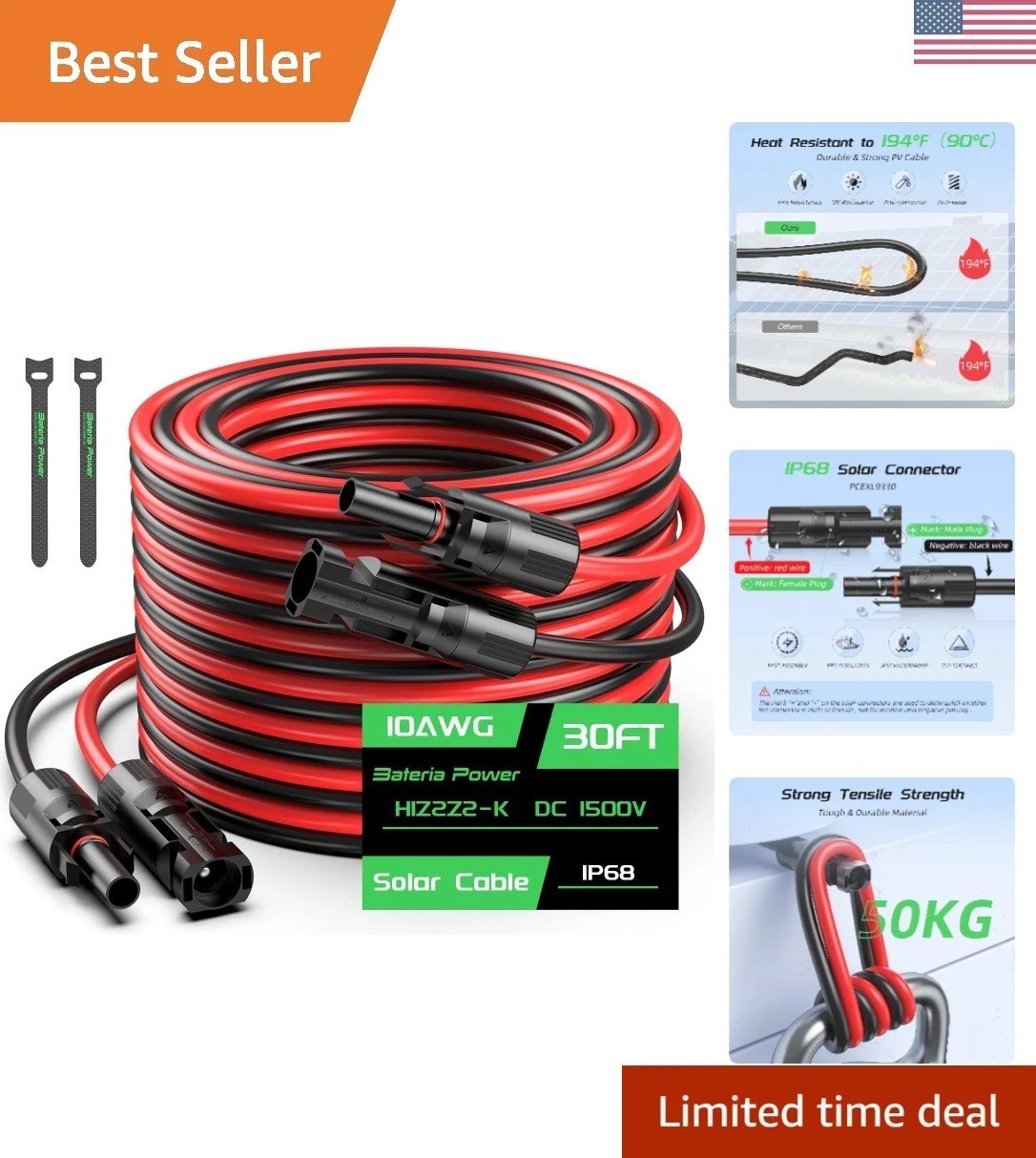 30FT 10AWG Solar Cable with Male & Female Connectors – Eco-Friendly