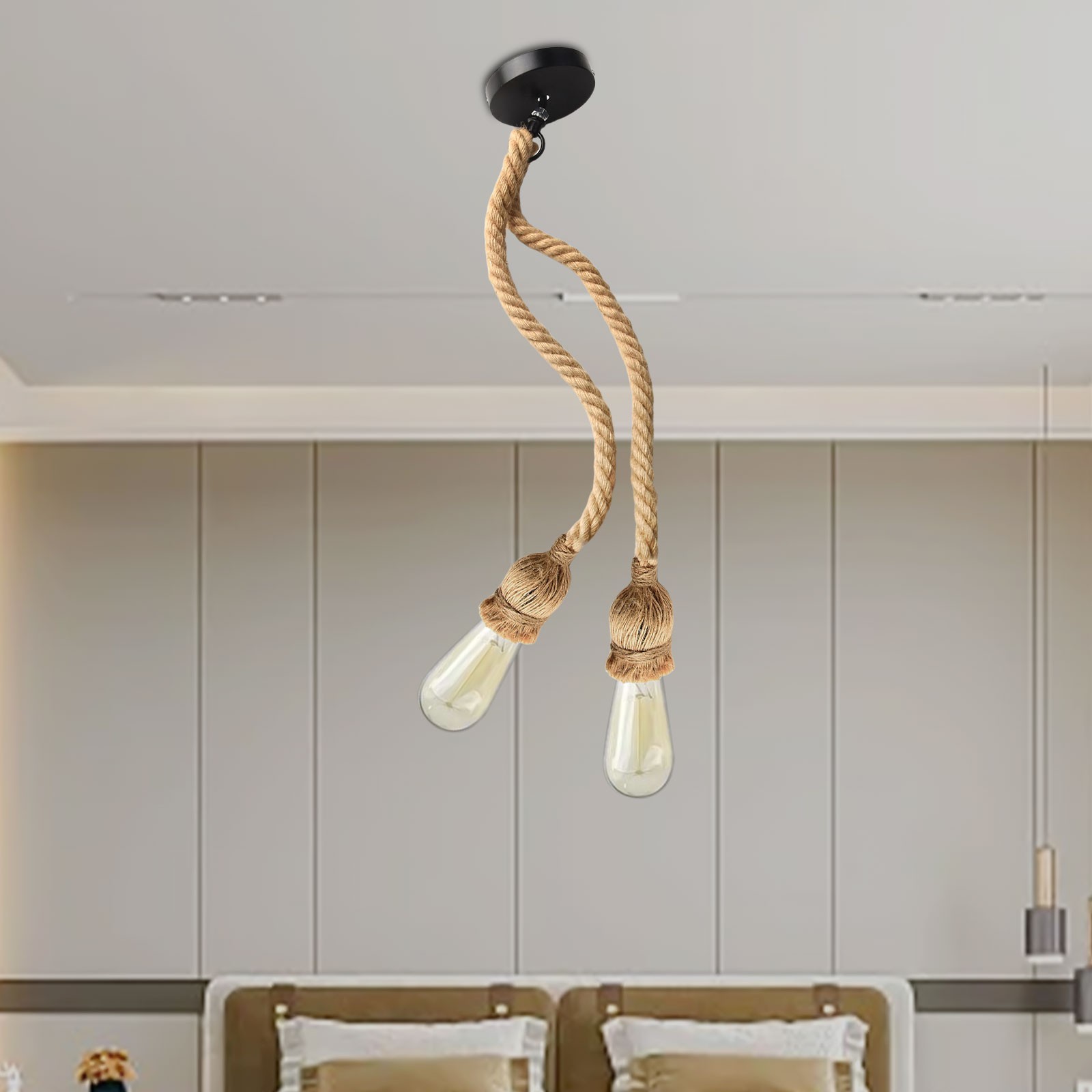 Earth Yellow Industrial Chandelier Retro Hemp Rope Ceiling Lamp 1m Length