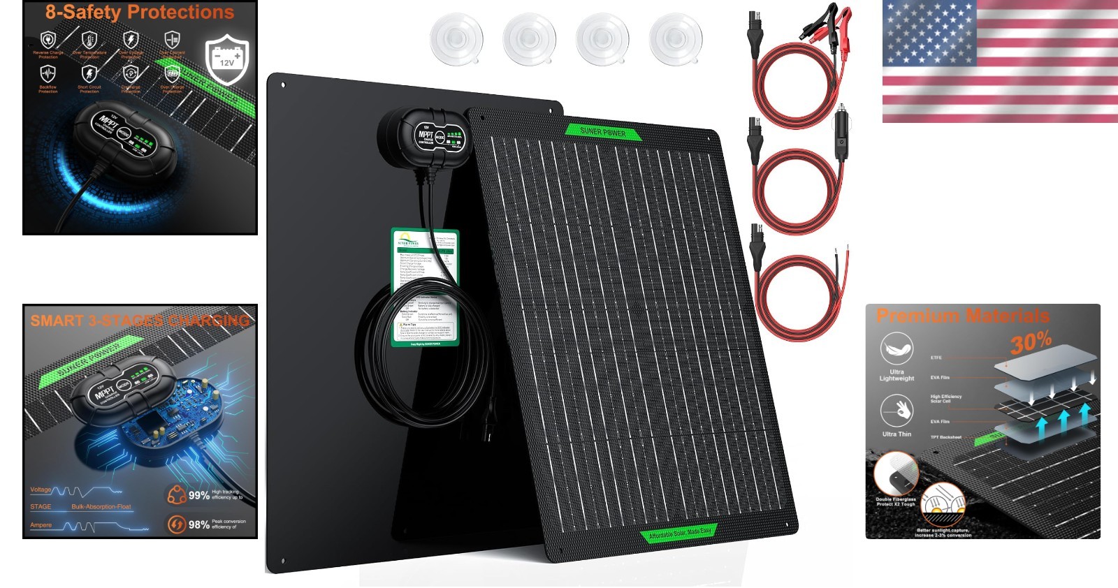 Efficient 30W Waterproof Solar Battery Charger with Automatic Maintenance