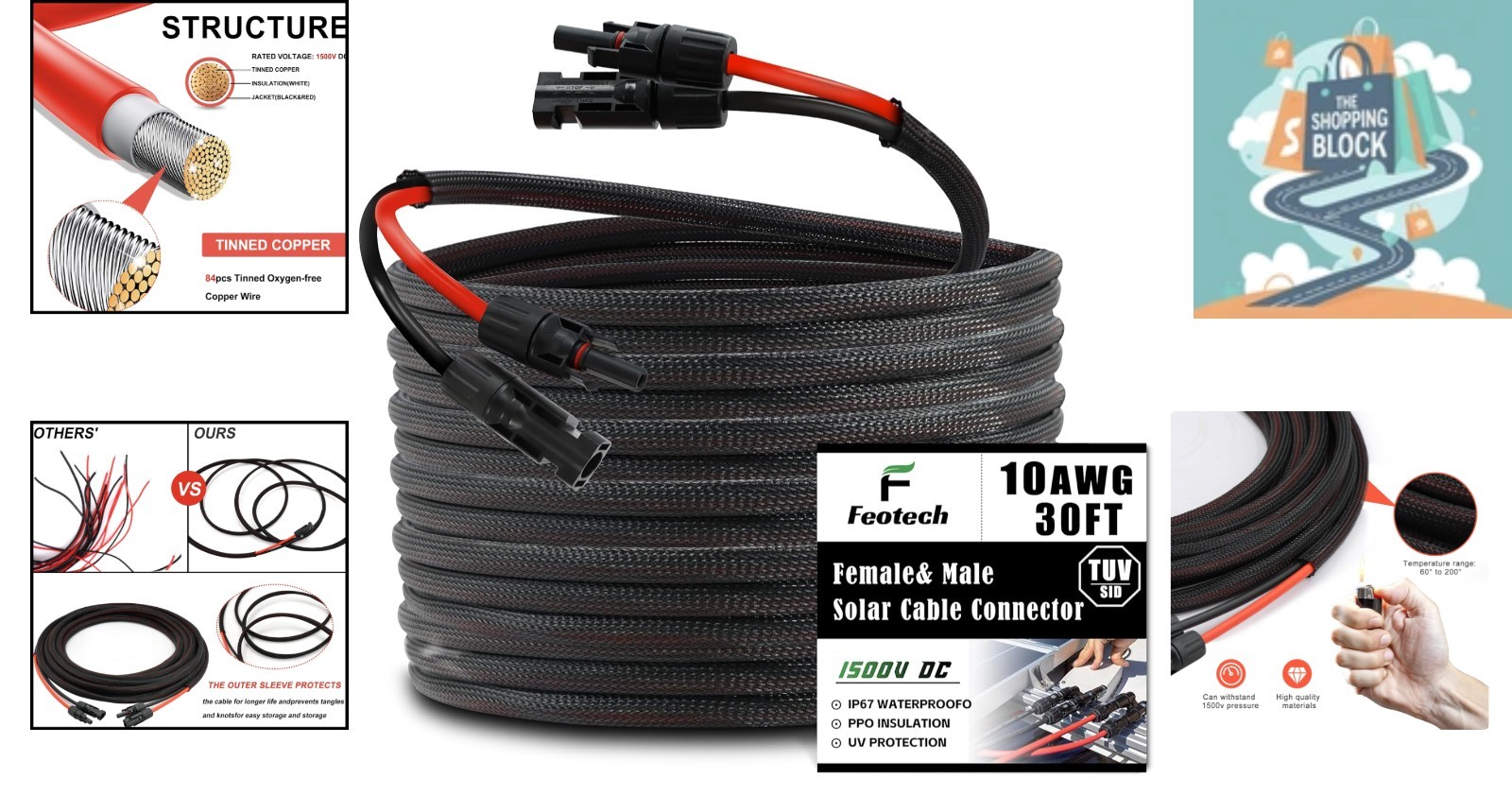 Twin 30FT Solar Extension Cable 10AWG Male/Female Connectors Black & Red
