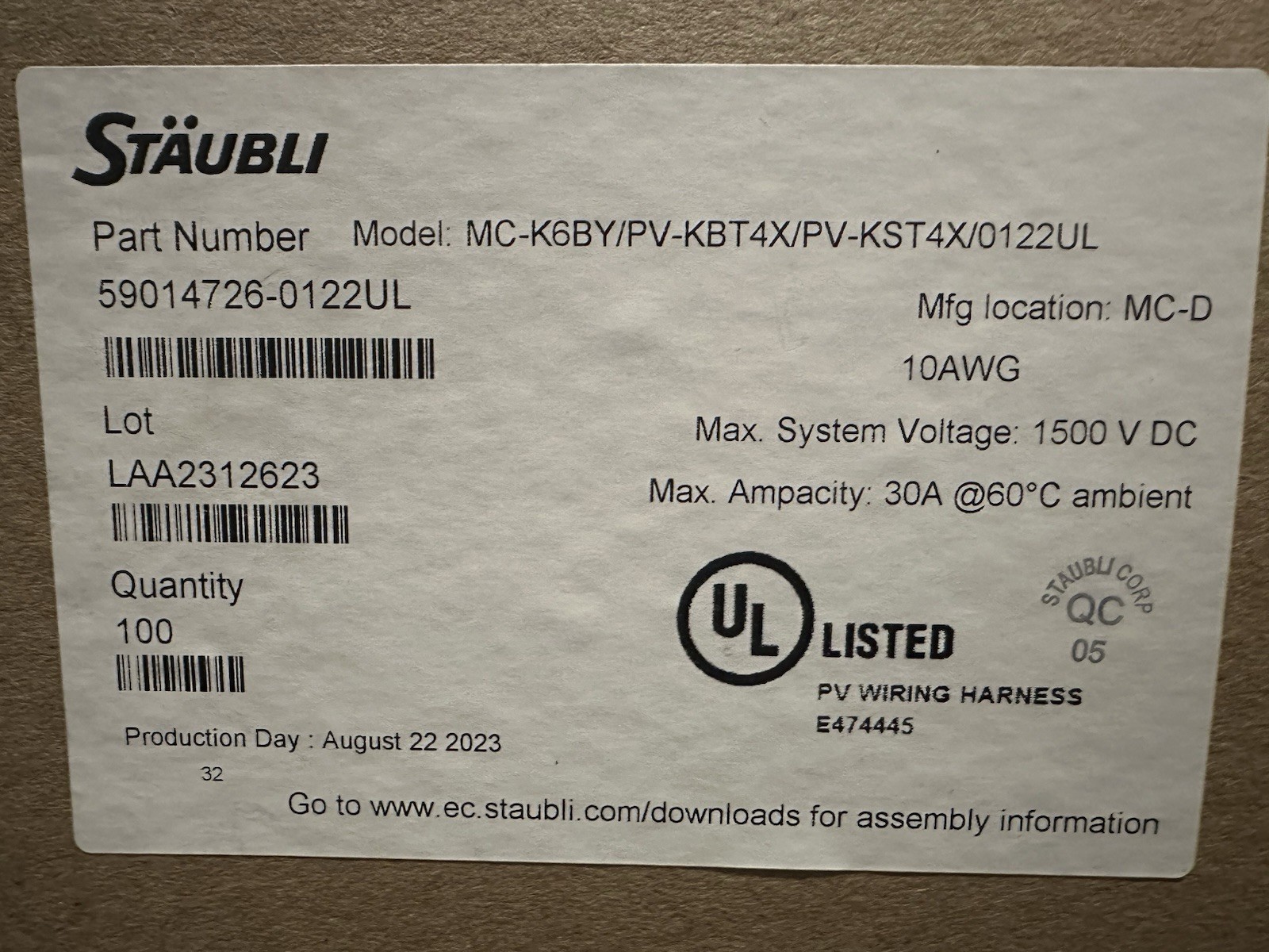 NEW SURPLUS! 100 Genuine Stäubli MC4 4ft 10AWG Solar Jumpers New Sealed Box