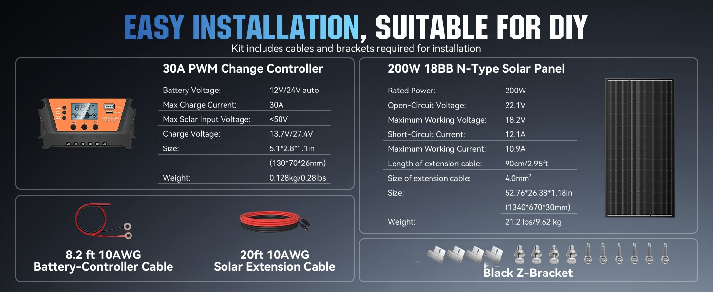 12V 200W Watt Mono Solar Panel Kit Battery Charger Home Boat Camping RV Off-Grid