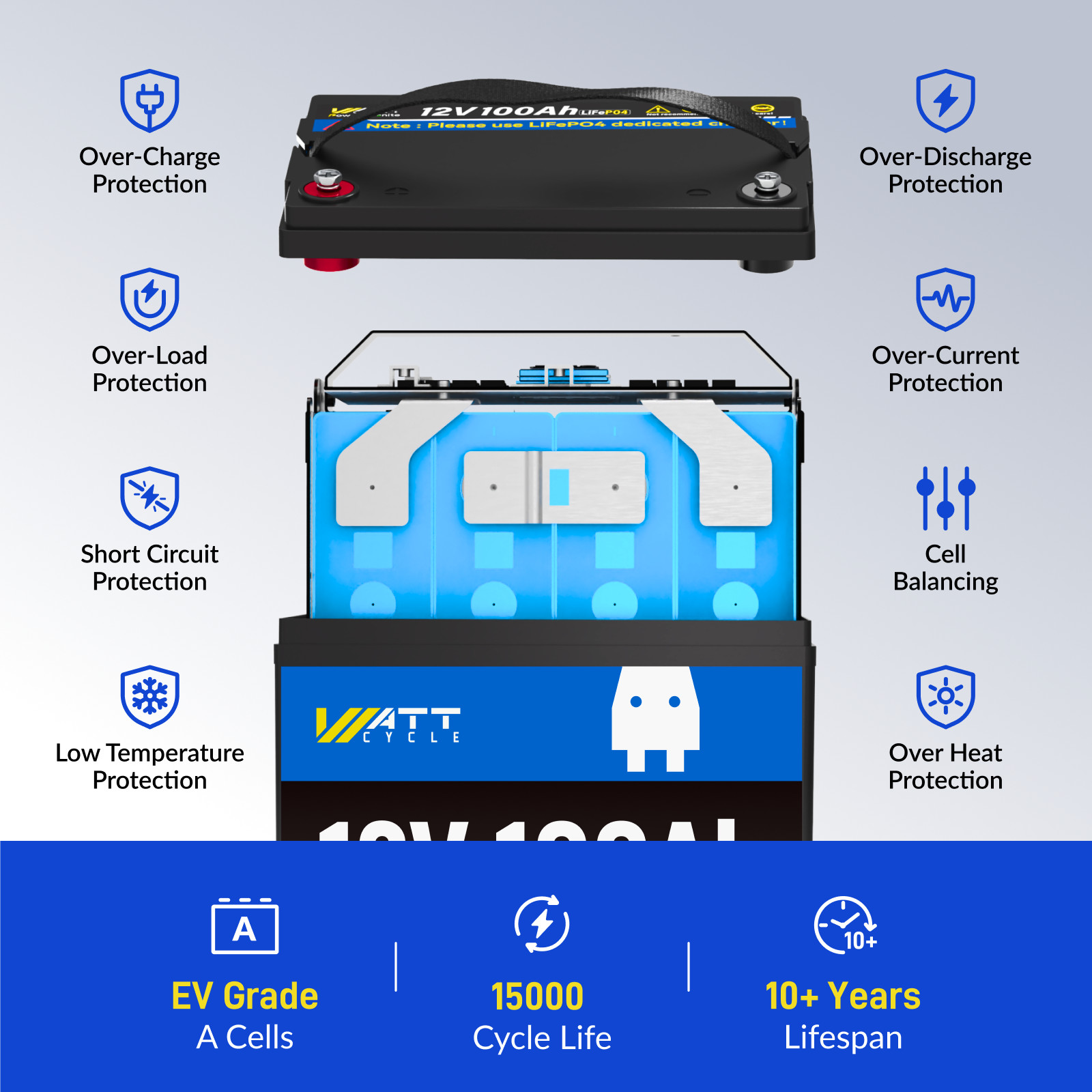 12V 100Ah LiFePO4 Lithium Battery 100A BMS for RV Off-grid Trolling Motor