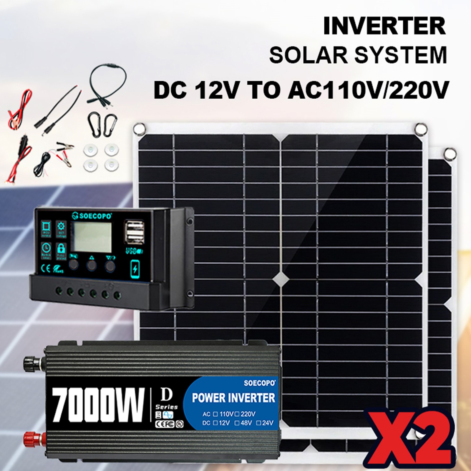 7000W Off-Grid Solar Kit 7000W Inverter 2pcs 300W Solar Panels 12V to 110V