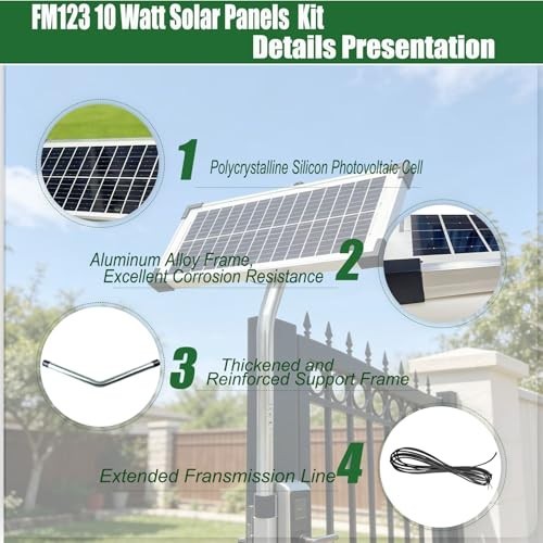 10W Solar Panel Kit for Automatic Gate Openers, 12V Battery Charger, Portable Re