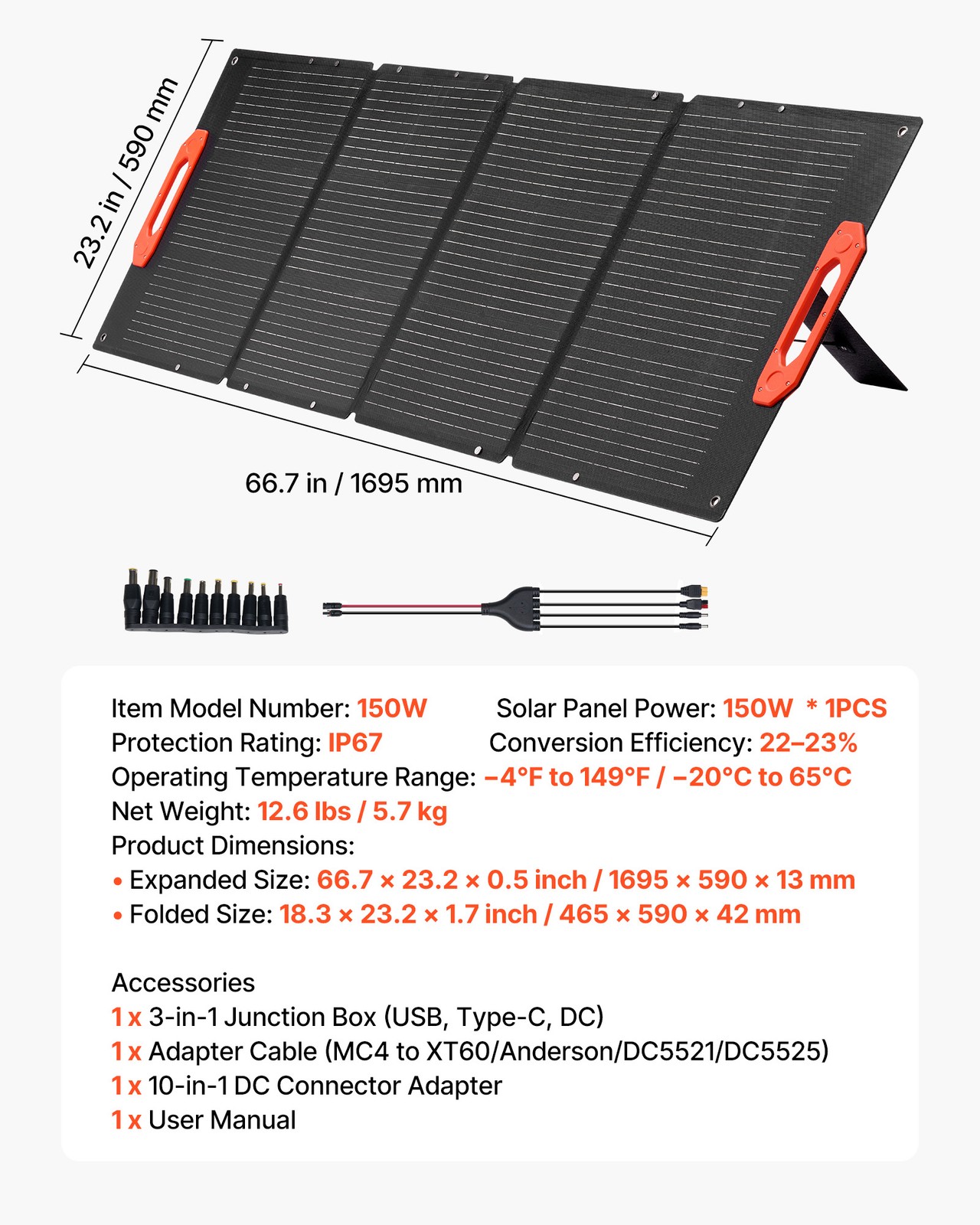 VEVOR 150W Foldable Monocrystalline Solar Panel Portable ETFE Mono Solar Charger
