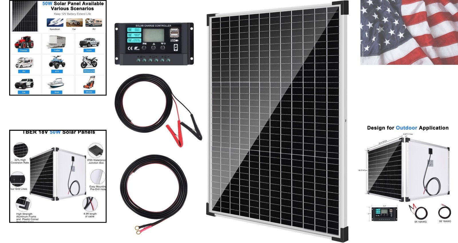 50W/12V Solar Panel Kit with 10A Charge Controller, Monocrystalline Solar Bat…