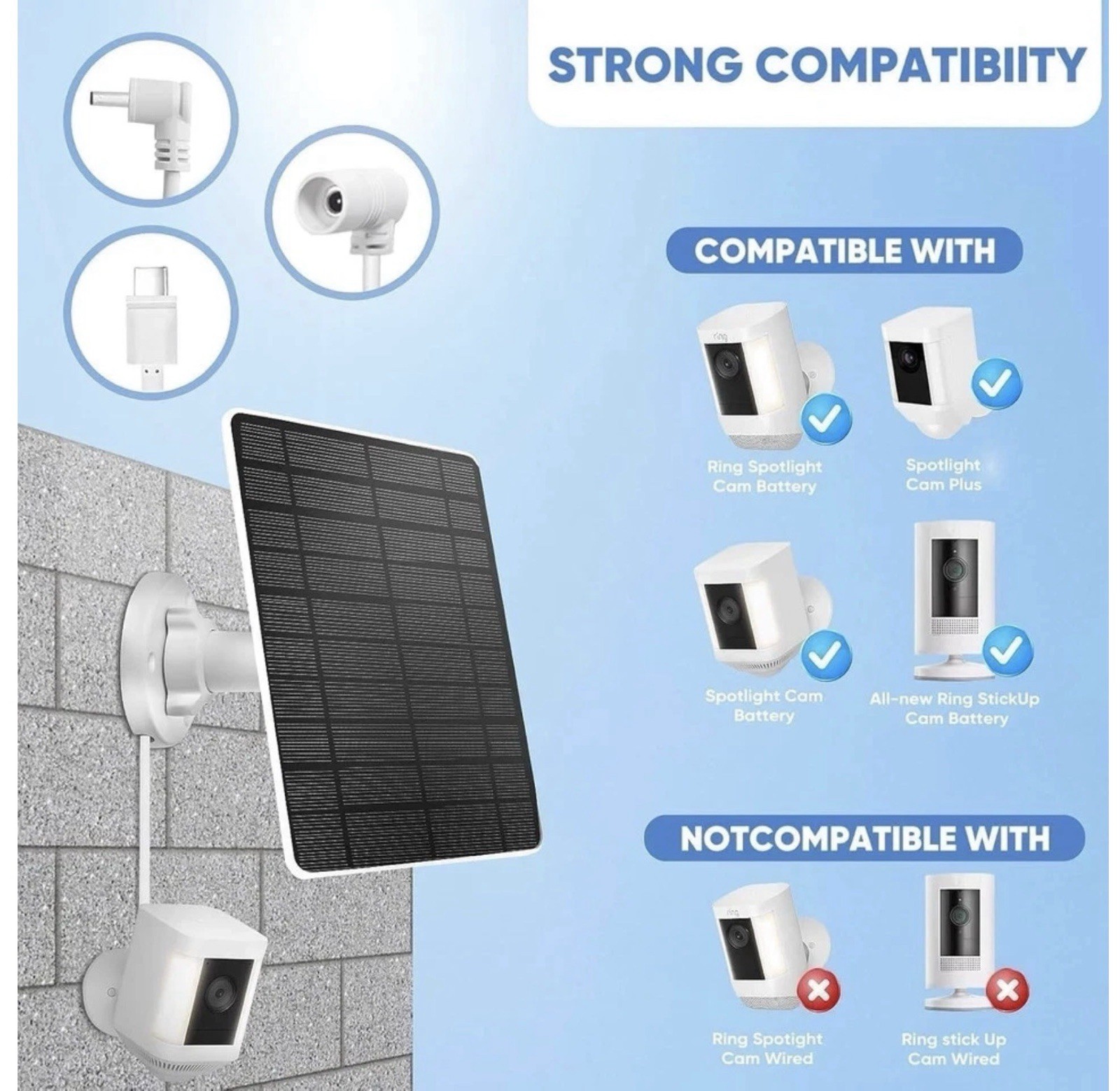 2 Pack Solar Panel Charger for Ring Security Camera 5 W 10 Ft Cord 5 in Panel ￼