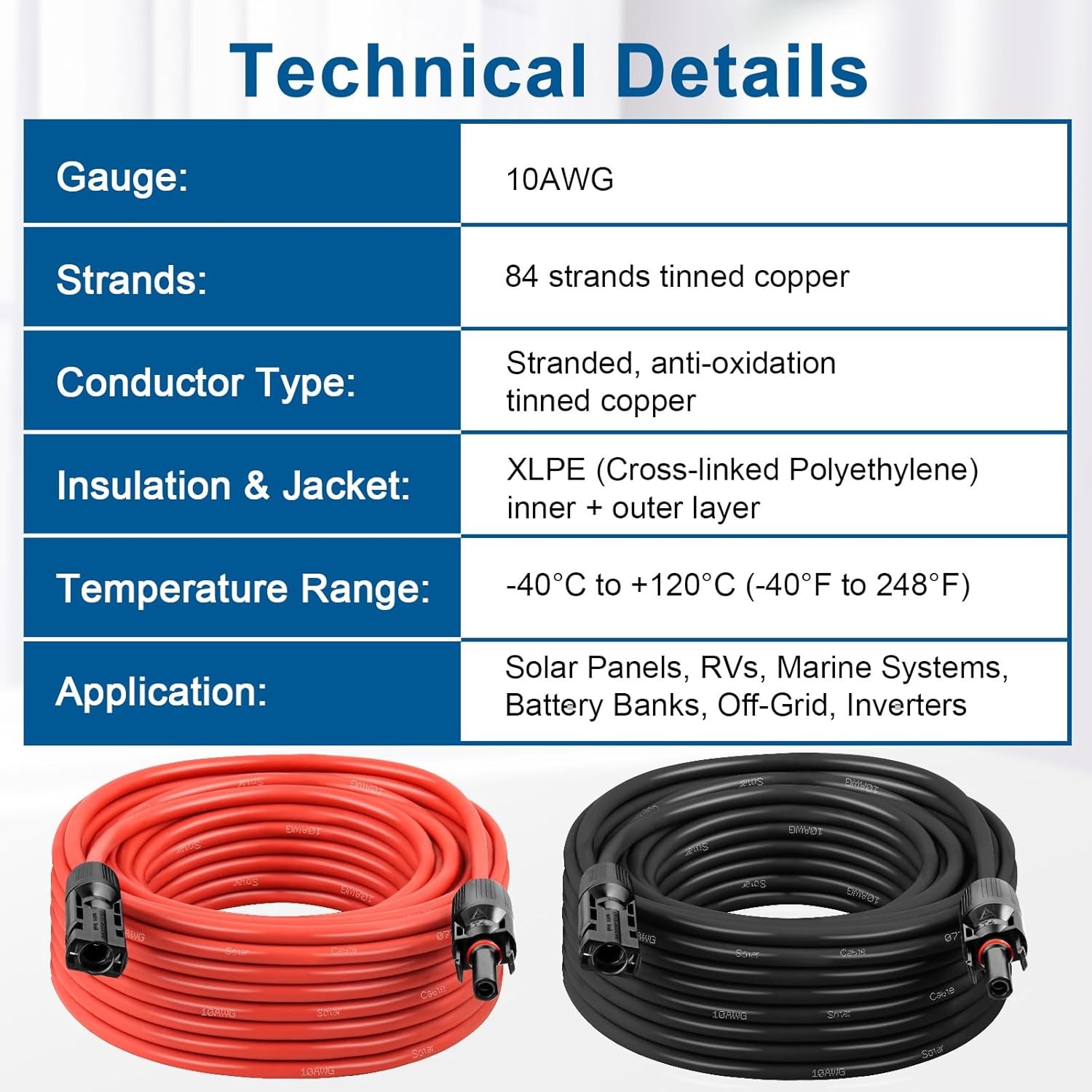 10AWG Solar Extension Cable 20FT – 2 Pack Red & Black PV Wire with Solar Conne