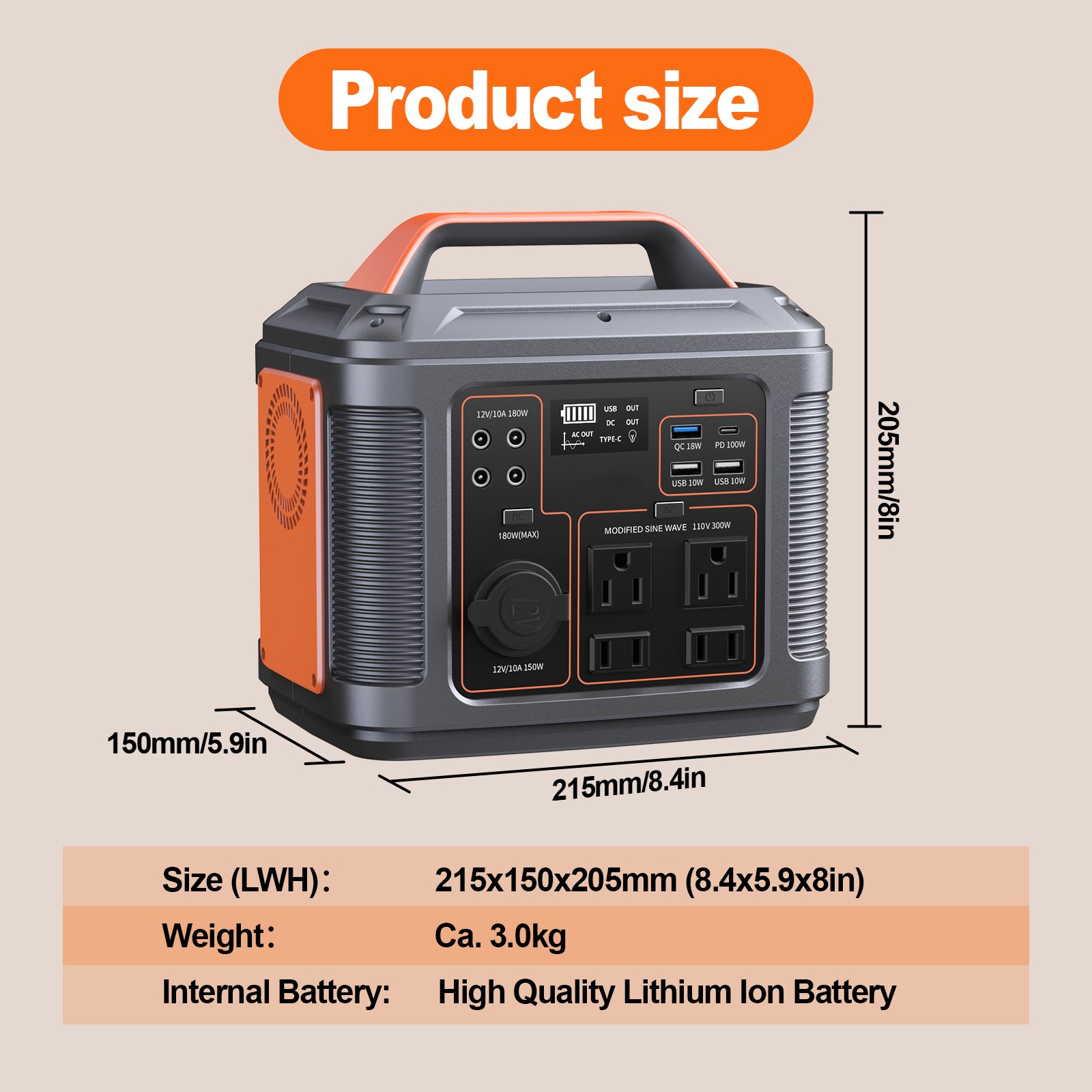 300W Portable Power Station 296Wh 80000mAh Lithium Battery for Camping RV Solar