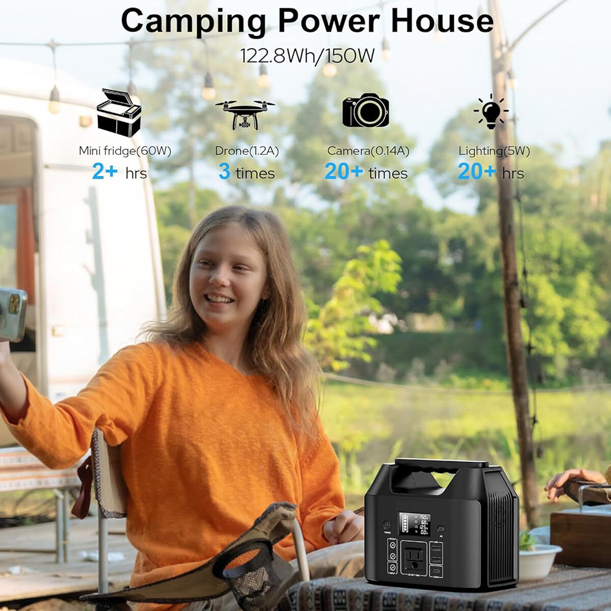 Portable Power Station 150W LiFePO4 Battery Solar Generator + 5W LED Light Bulb