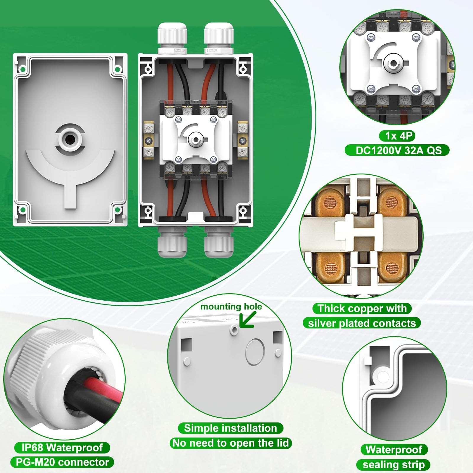 CNLONQ Solar PV Disconnect Switch 32A DC1500V Rapid Shutoff Isolator Switch 4…