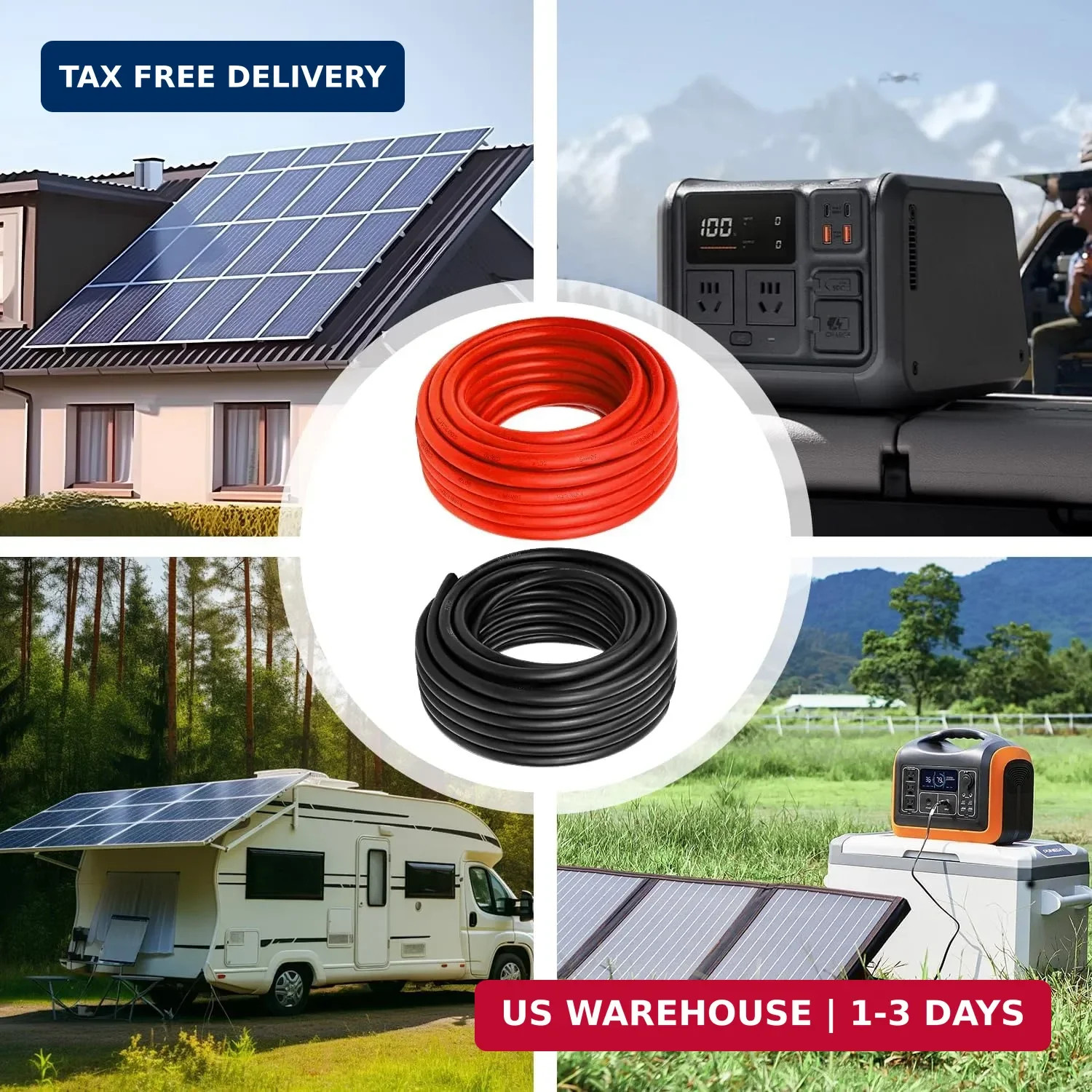 10 AWG Solar Cable 100FT Red + 100FT Black Tinned Copper Wire, 10 Gauge Solar Pa
