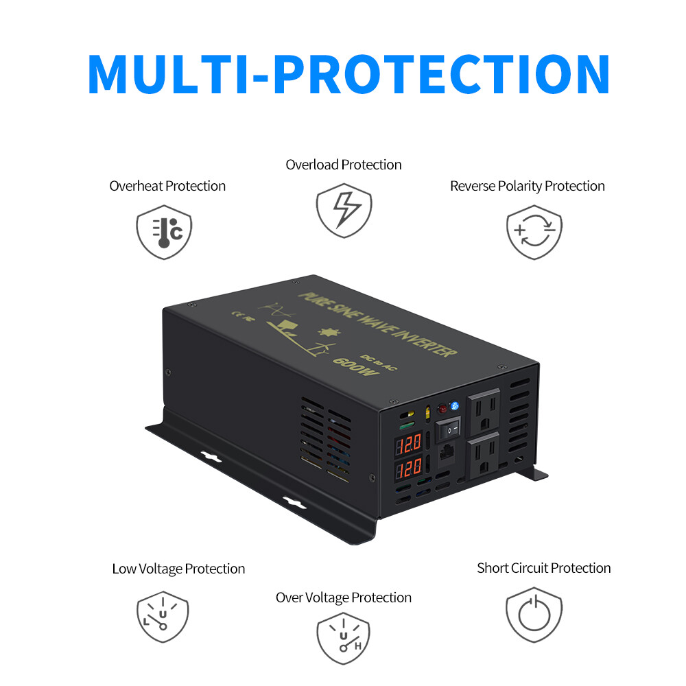 600Watt Pure Sine Wave Inverter 12V to 120V Car Home Truck Motor Camp RV Solar