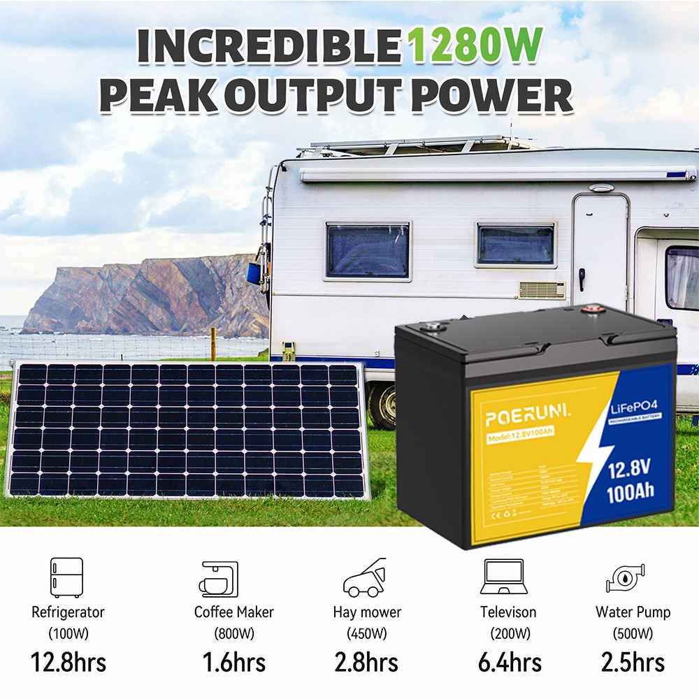 12V 100Ah LiFePO4 Lithium Battery Deep Cycle for Solar Panel RV Off-grid Marine