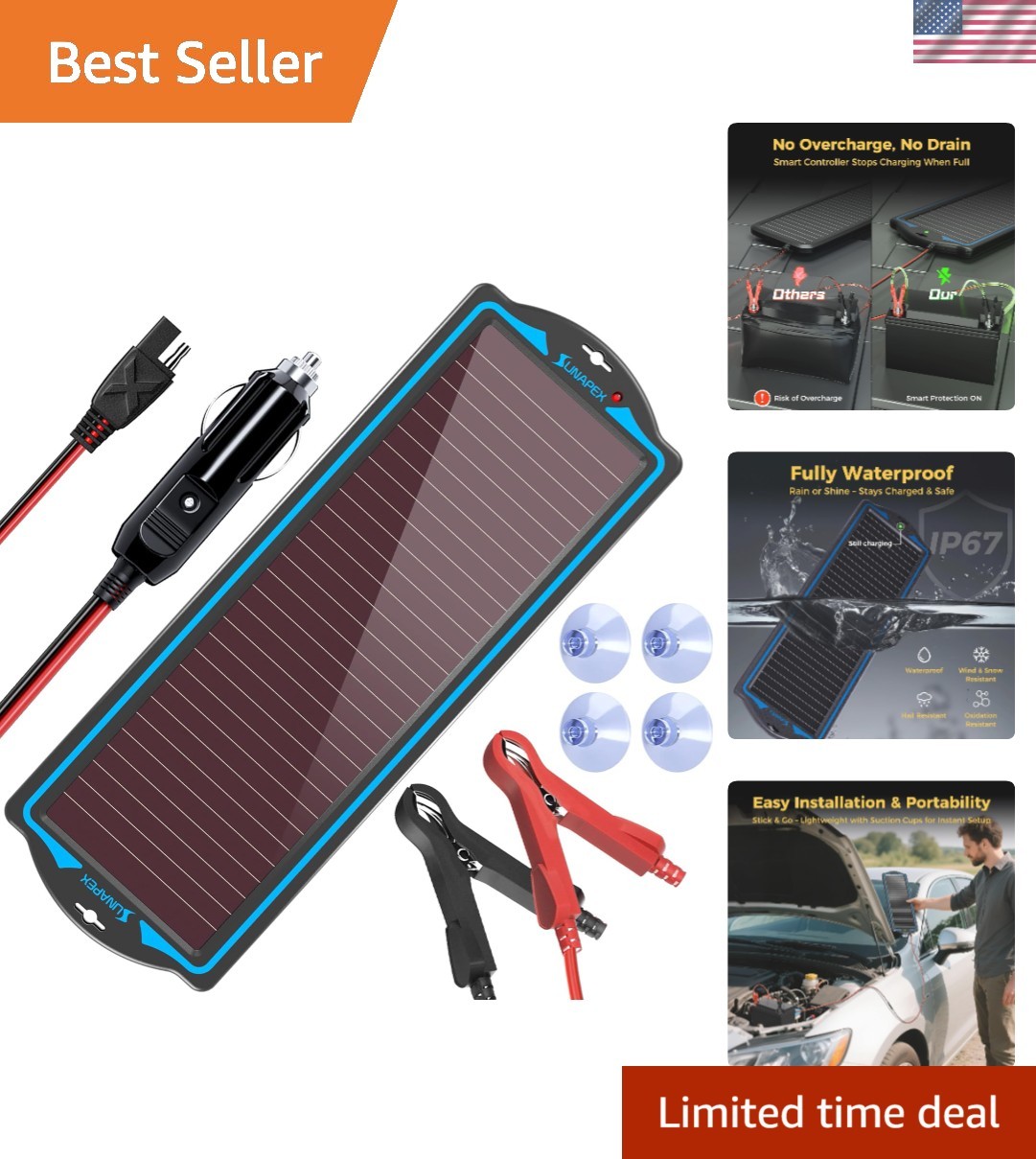 Durable 12V Solar Panel Charger with Visual Status Indicators & Alligator Clips