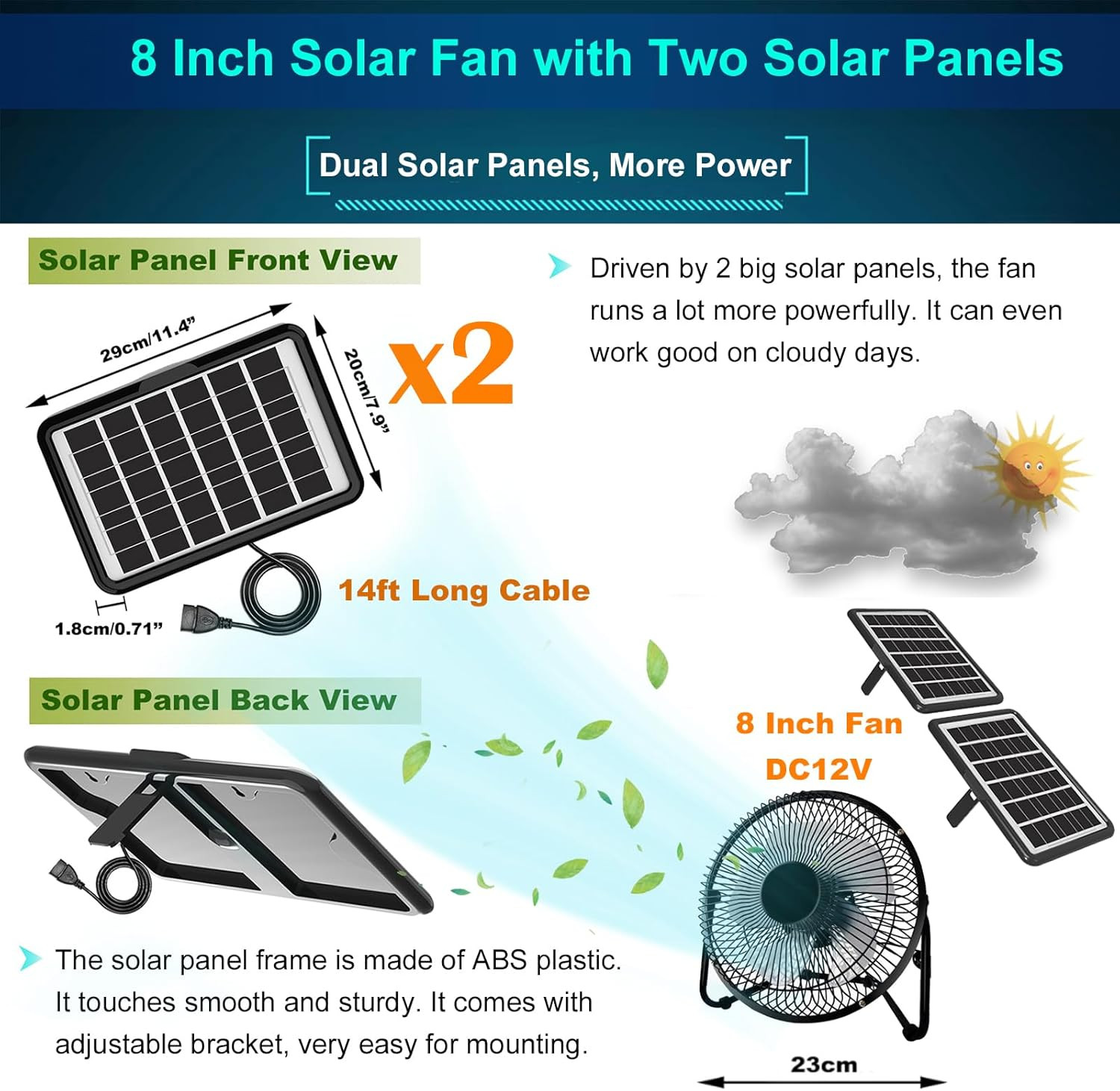 Solar Powered Fan, 8 Inch Install-Free with 25W Dual Solar Panels, Cloudy Days W