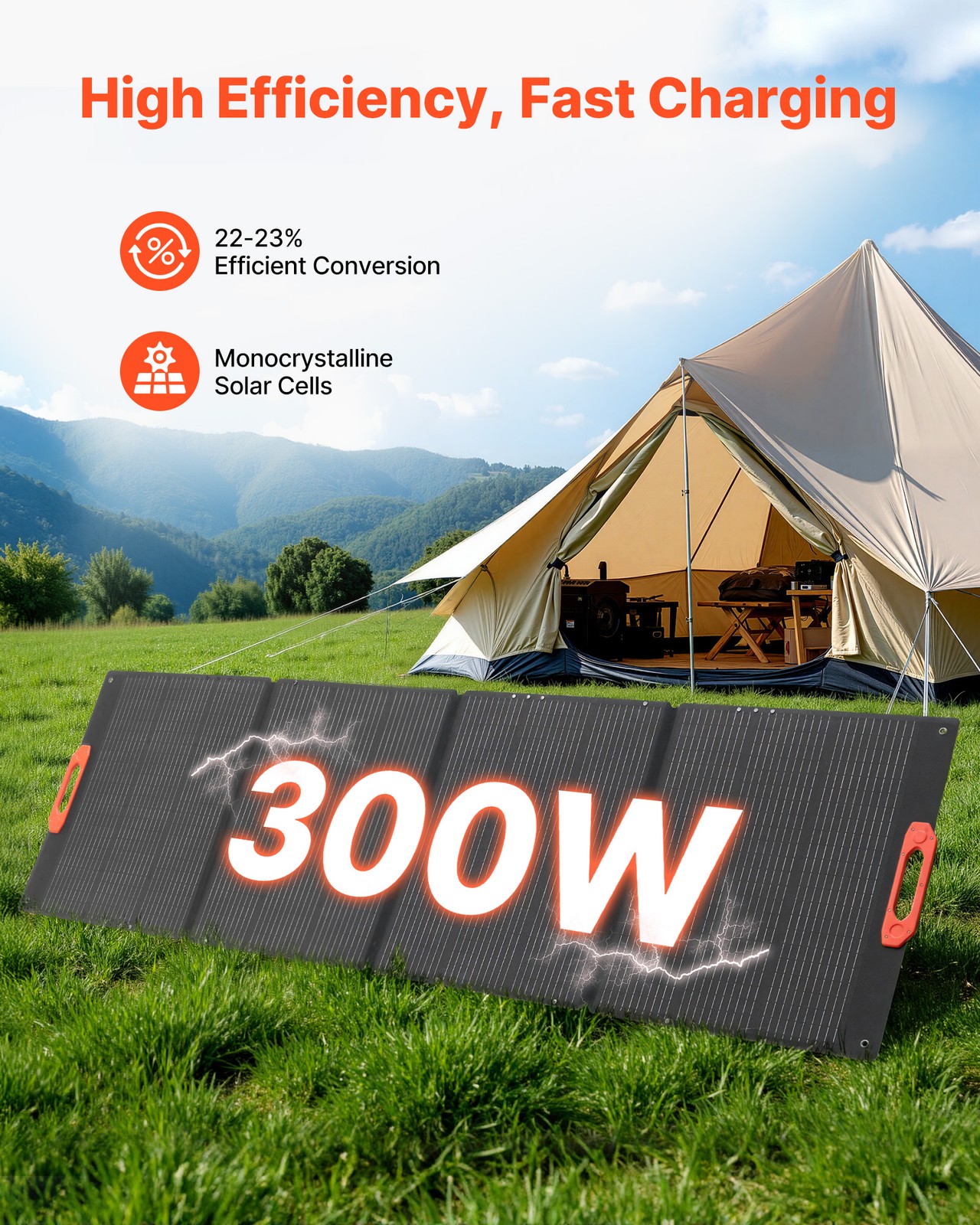 VEVOR 300W Foldable Monocrystalline Solar Panel Portable ETFE Mono Solar Charger