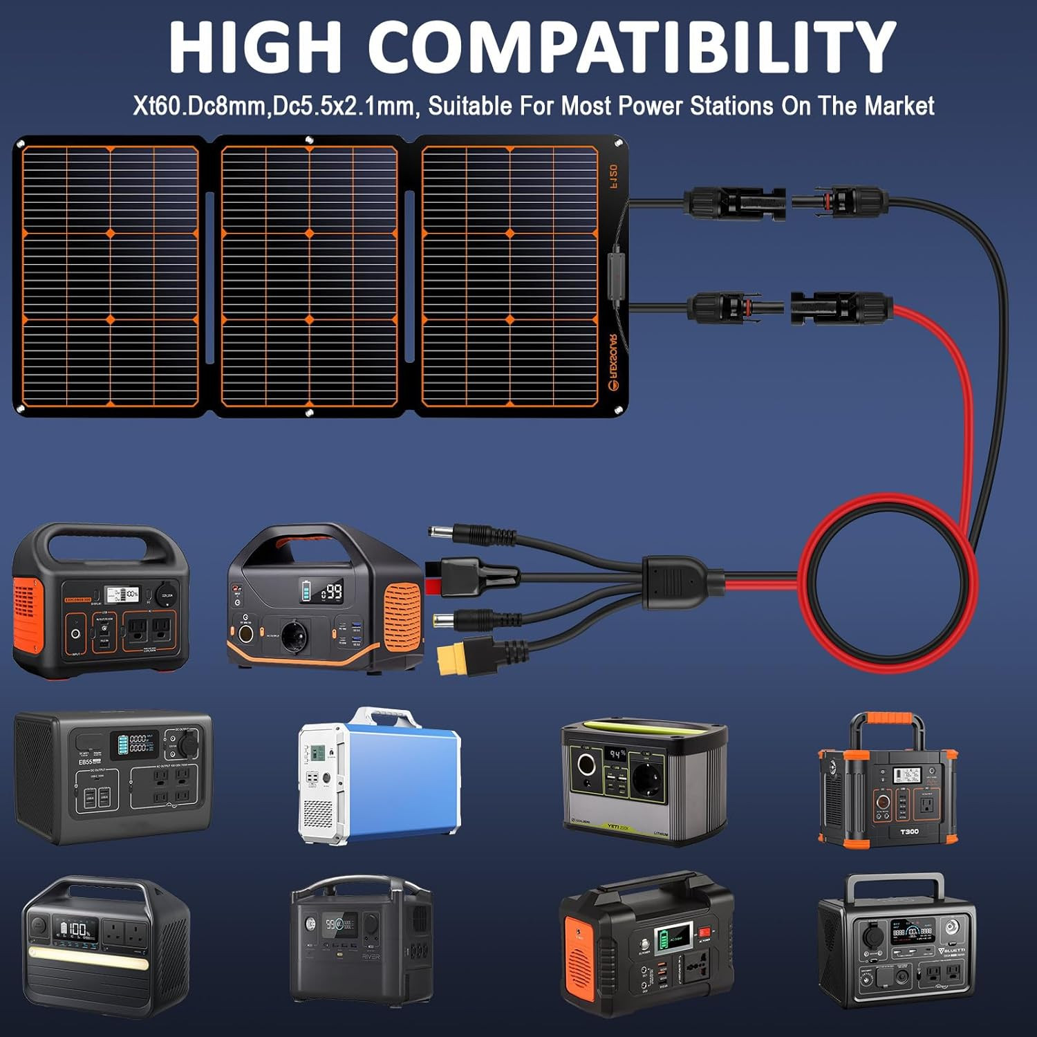 Solar Panel Extension Cable Kit, 4-In-1 Solar Connector with XT60/DC7909/DC5521,