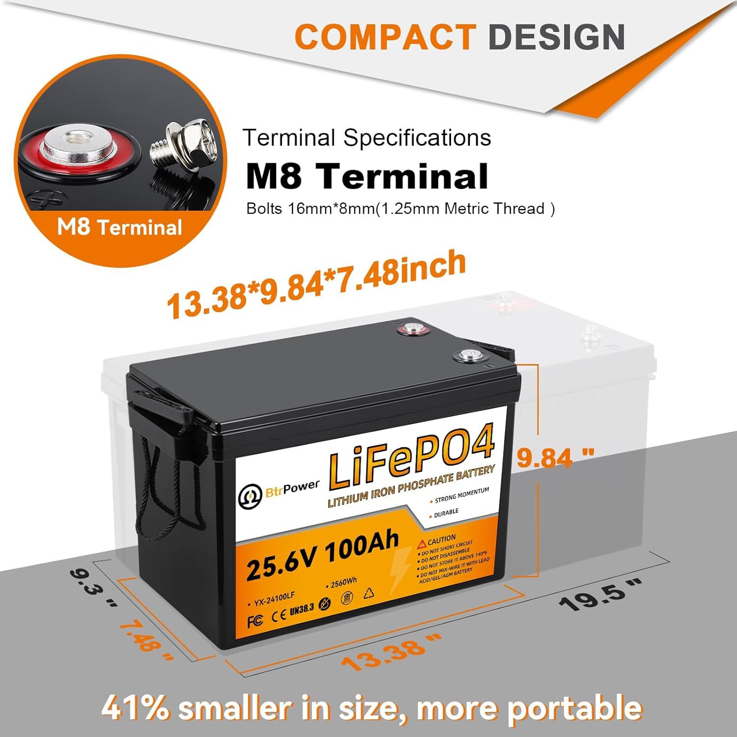 24V 100Ah LiFePO4 Lithium BtrPower Battery for RV Marine Solar System 100A BMS