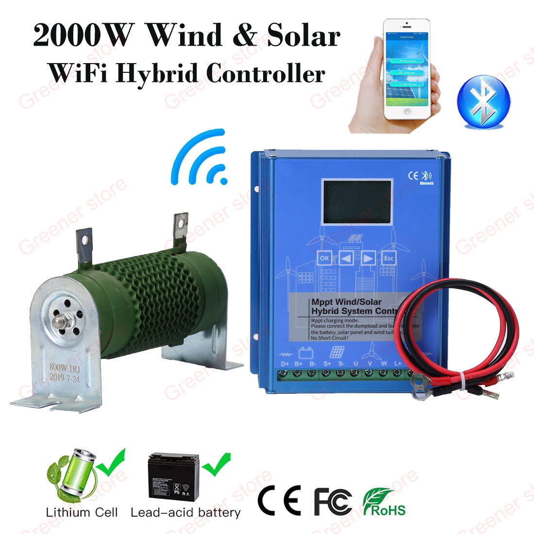 2000W Solar Wind Hybrid MPPT Charge Controller Regulator 12V 24V 48V Bluetooth