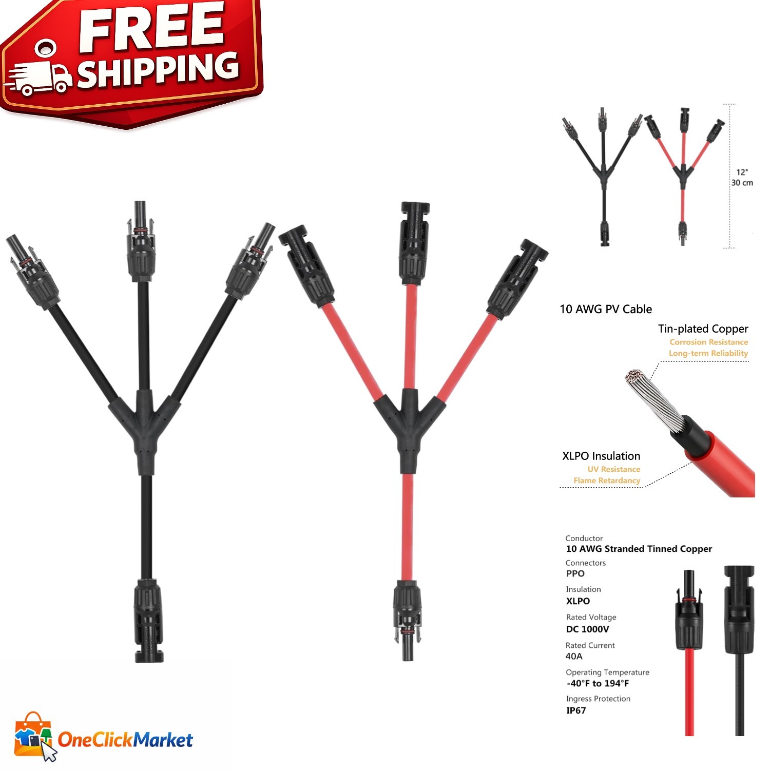 High-Performance Solar Connector Y Splitter for 3 Panels – 12 Inch, Easy Install