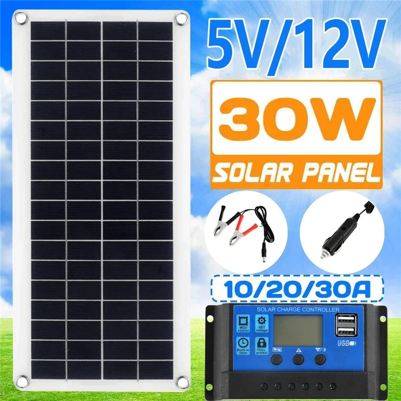 Solar Panel Kit 30W 12V Dual USB Output Solar Cells Solar Panel 20A 30A 40A 50A