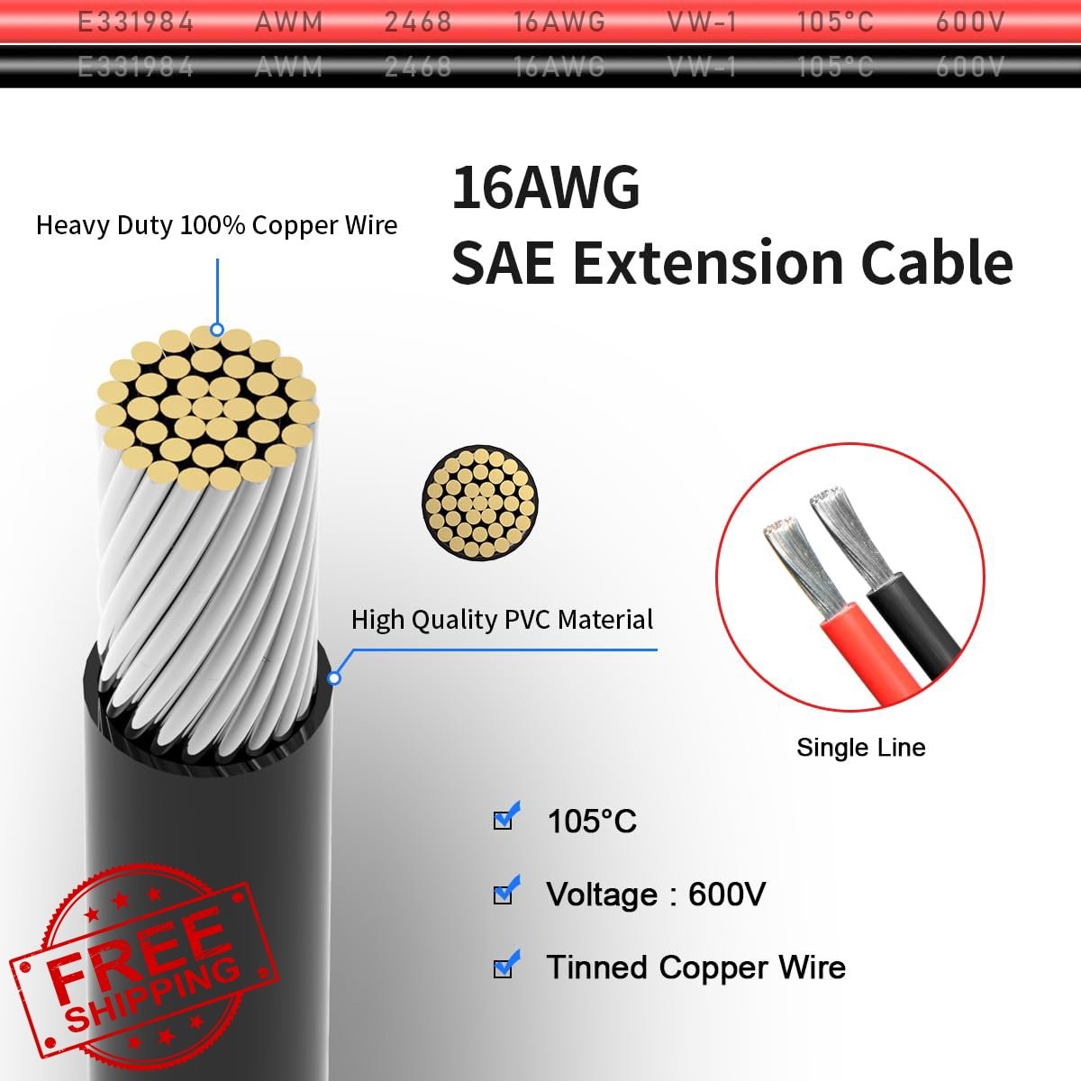 ELFCULB 16AWG 2FT SAE Extension Cable 2pk