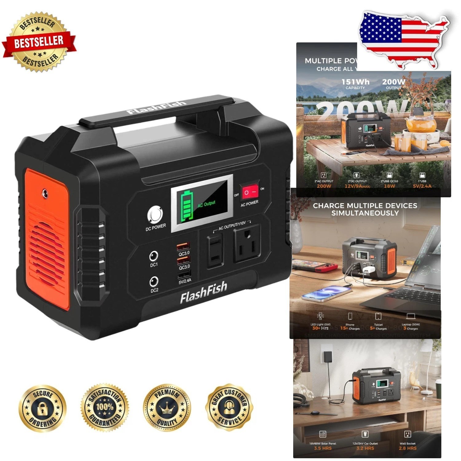 Flashfish Portable Power Station 151Wh | 200W AC Outlet | Solar Generator Backup