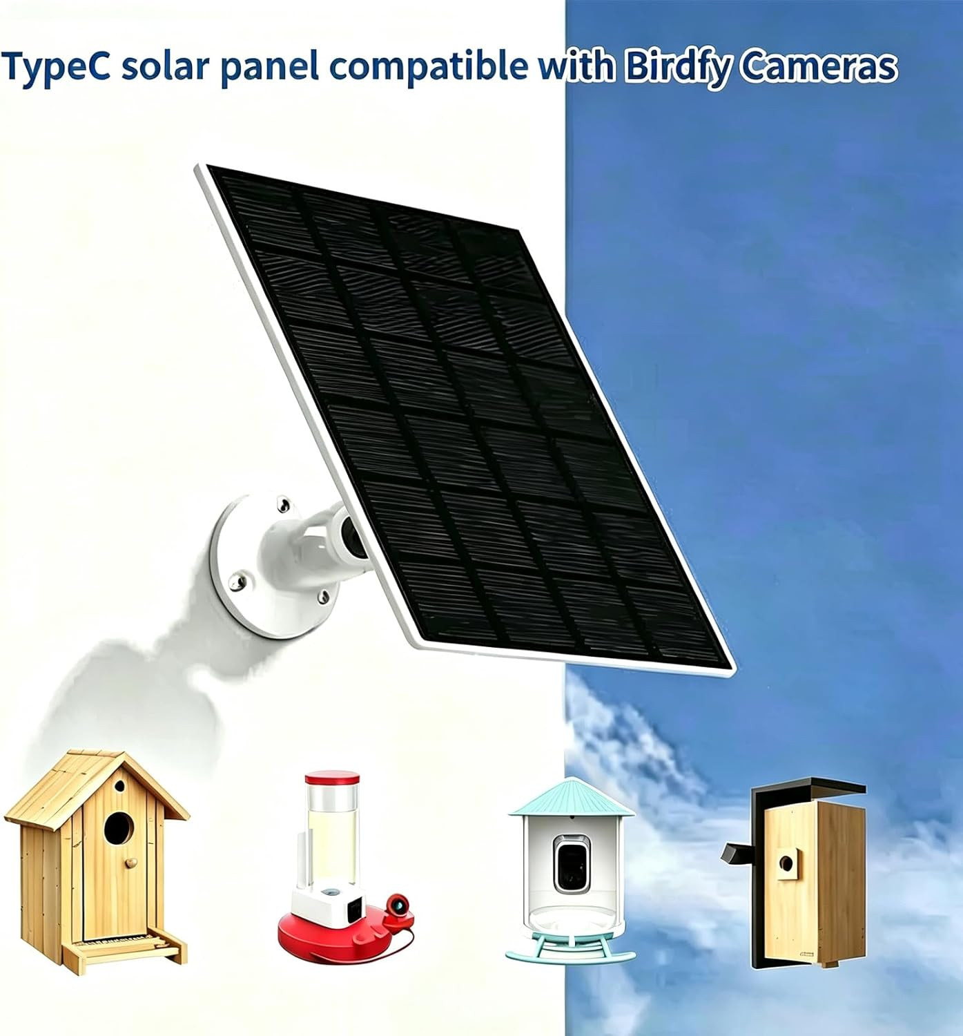 Type-C Solar Panel Charger for Birdfy Feeder Camera, 9.8ft Charging Cable, IP65