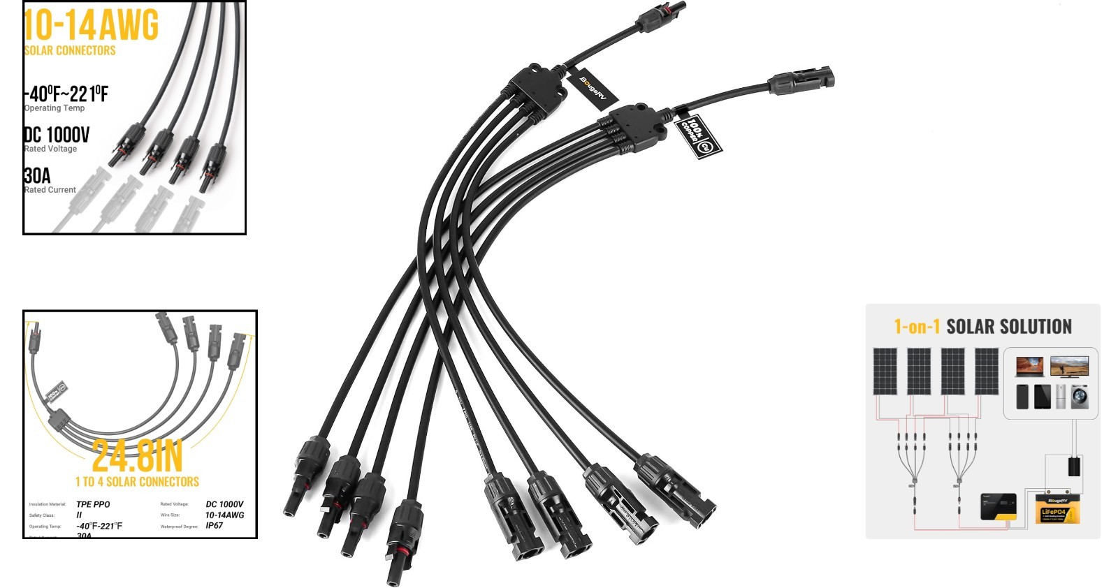 Durable Solar Y Branch Connectors – 1 to 4 Parallel Connection Kit (M/FFFF & …