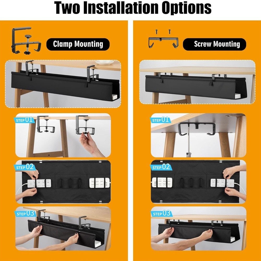 Under Desk Cable Organizer with Reinforced Construction 30x16x6cm Black