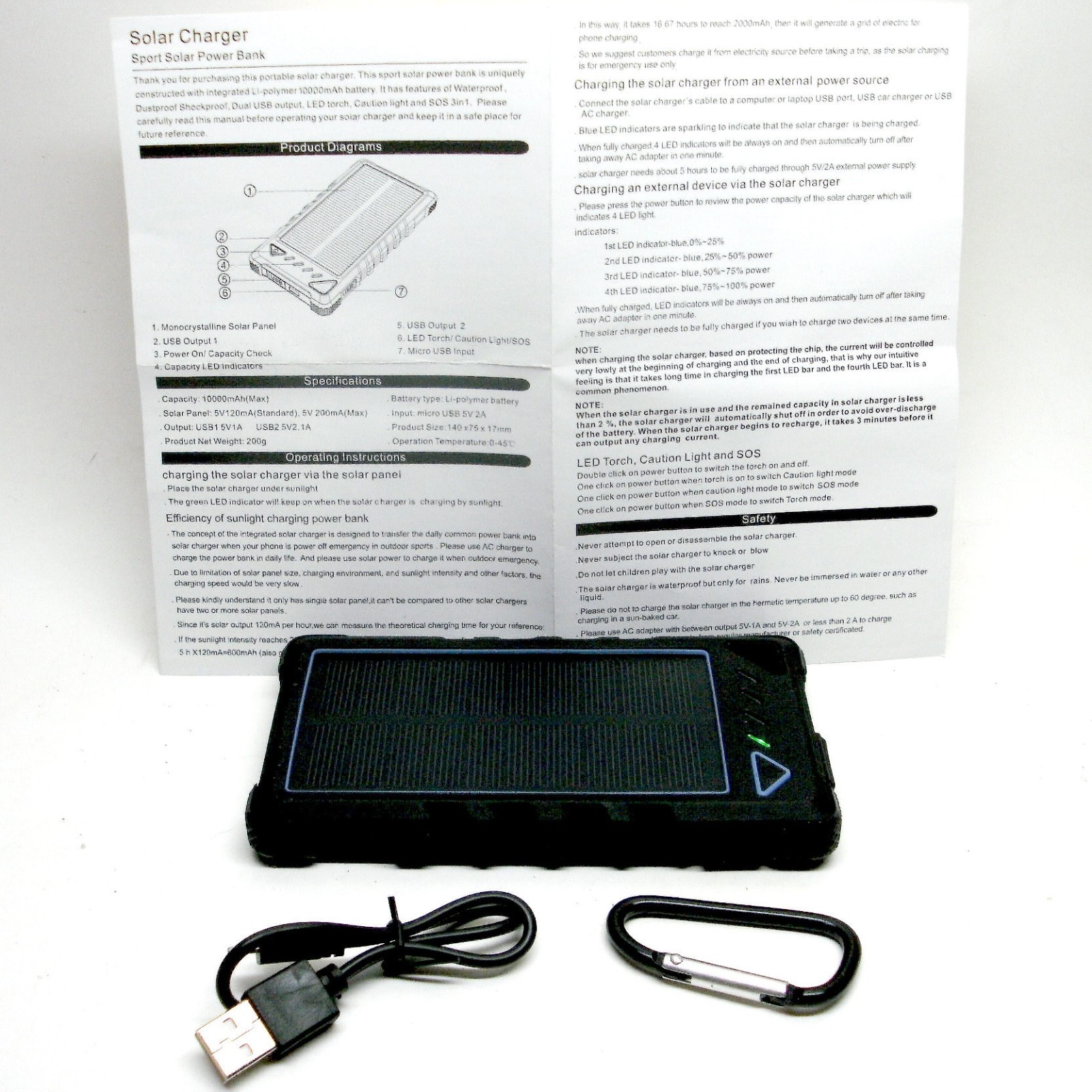 NEW RoHS PORTABLE SPORT OUTDOORS SUN SOLAR POWERED POWER BANK 10000mAh CHARGER