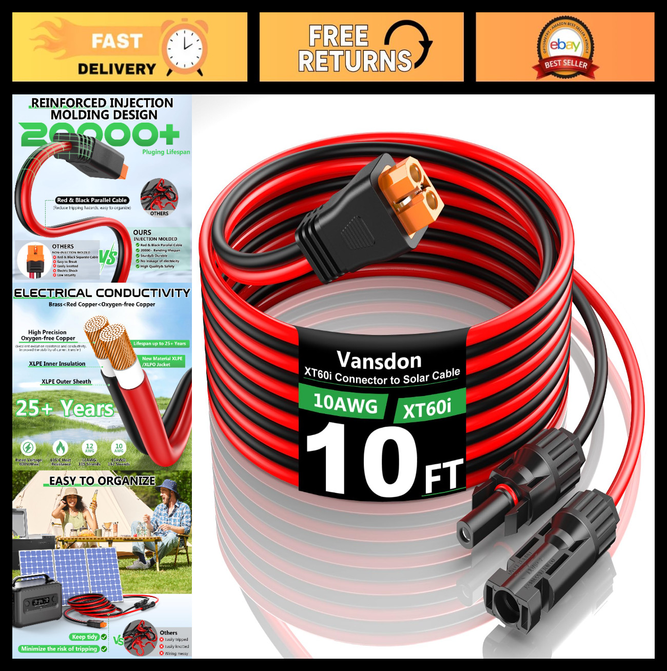 10FT 10AWG Solar Extension Cable XT60i Adapter for Power Station, Generator, RV