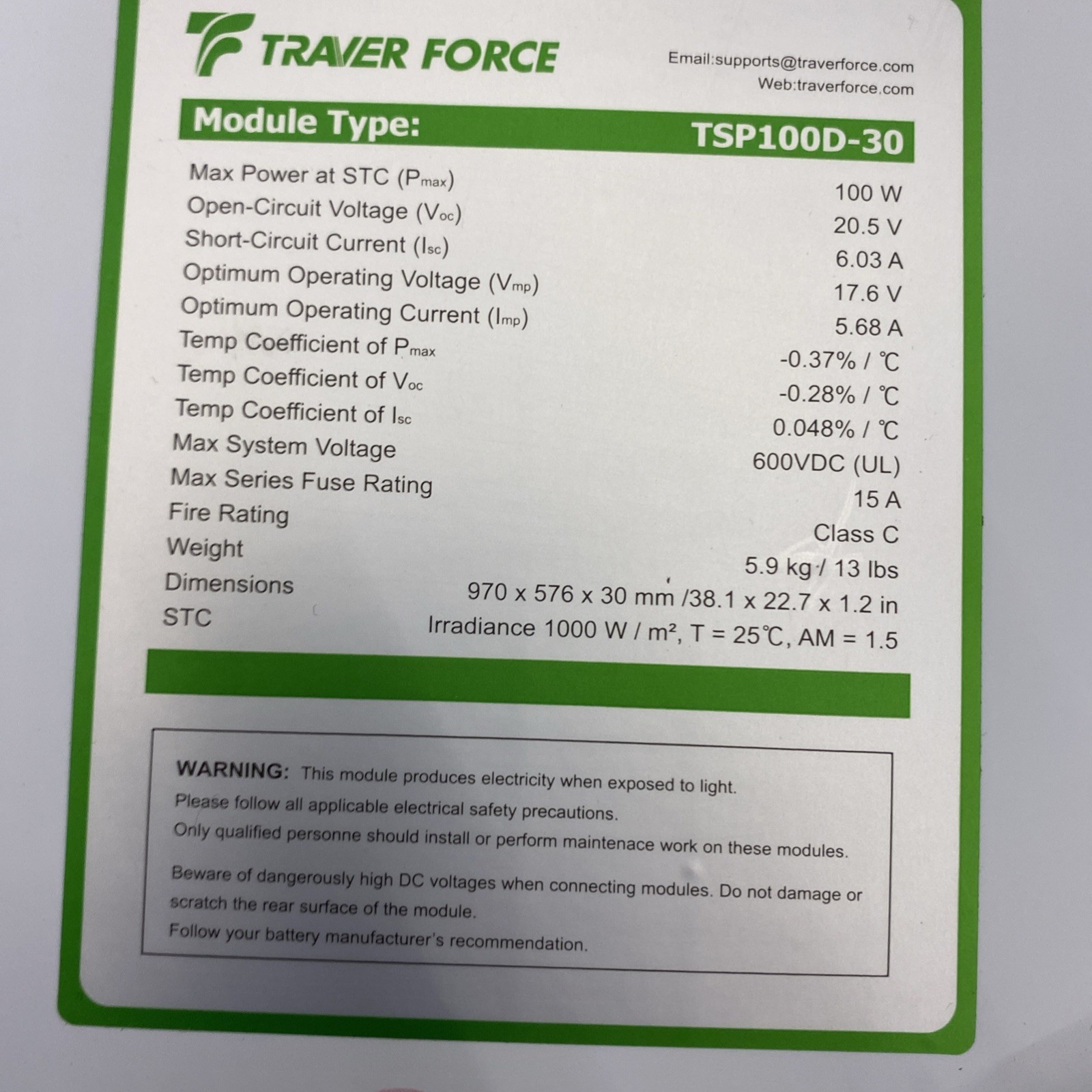 Traver Force Solar Panel 100 Watt 10BB Monocrystalline 12V Solar Panels 1 Pack
