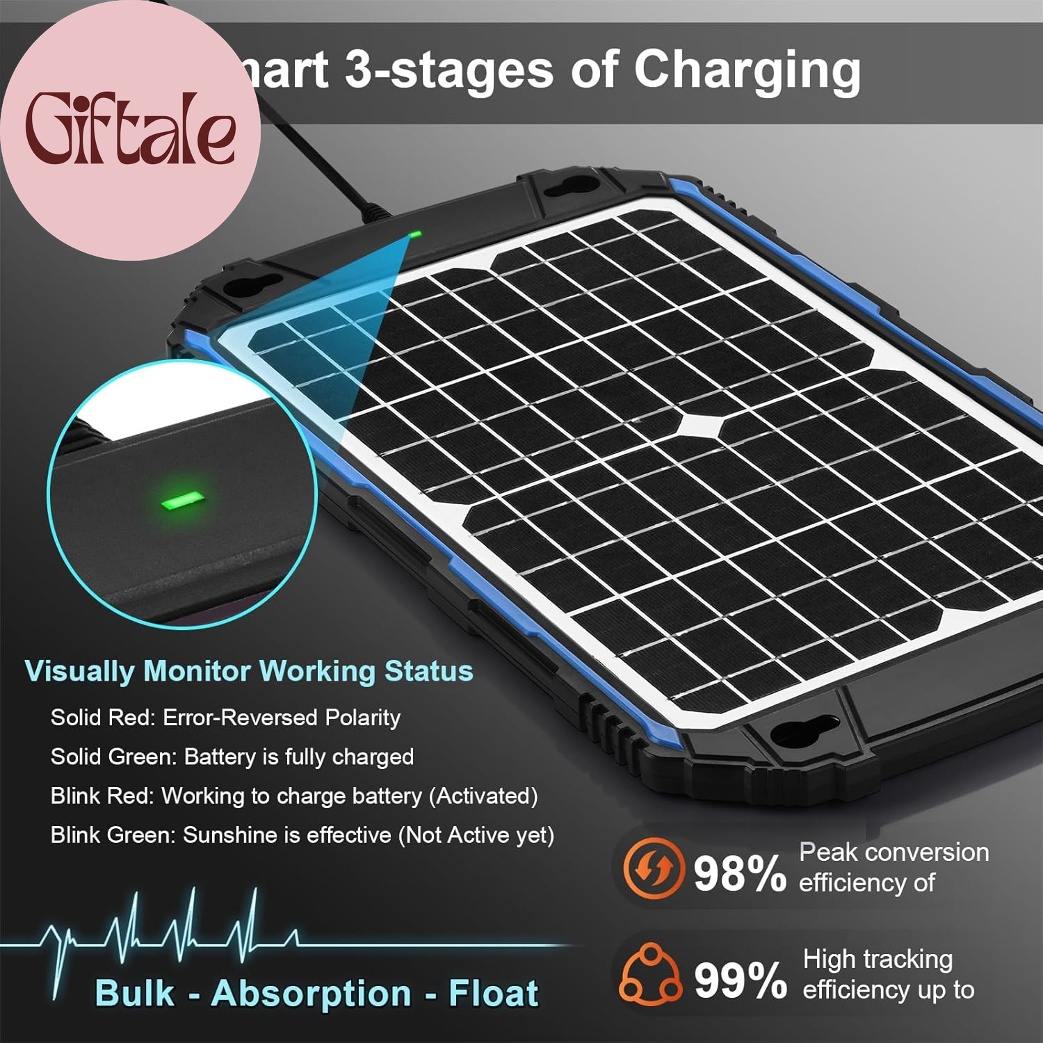 Waterproof 12W 12V Solar Battery Charger & Maintainer Pro, Built-In Ultrasmart M