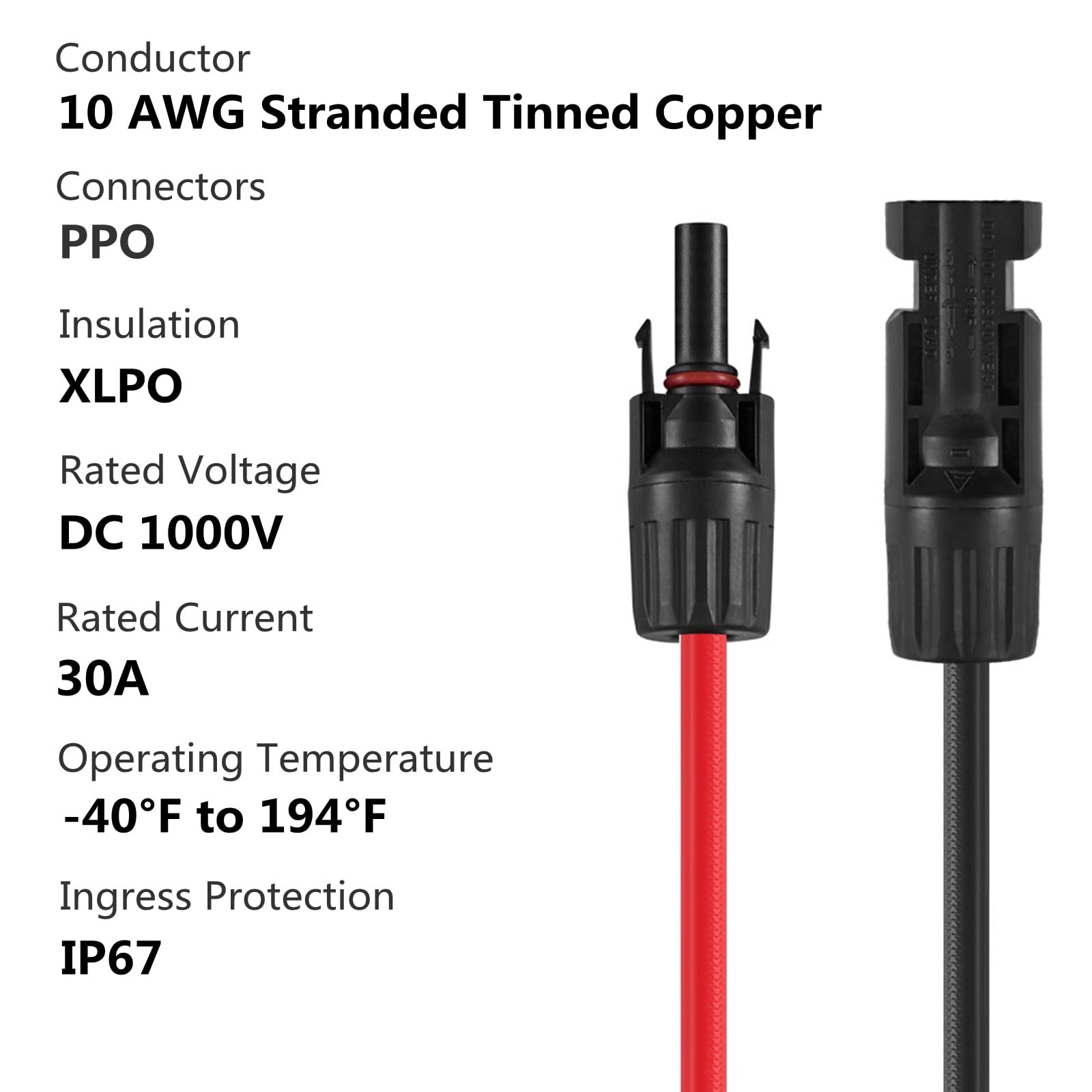 Solar Extension Cables 20ft 10AWG 30A DC 1000V Red & Black – Plug & Play