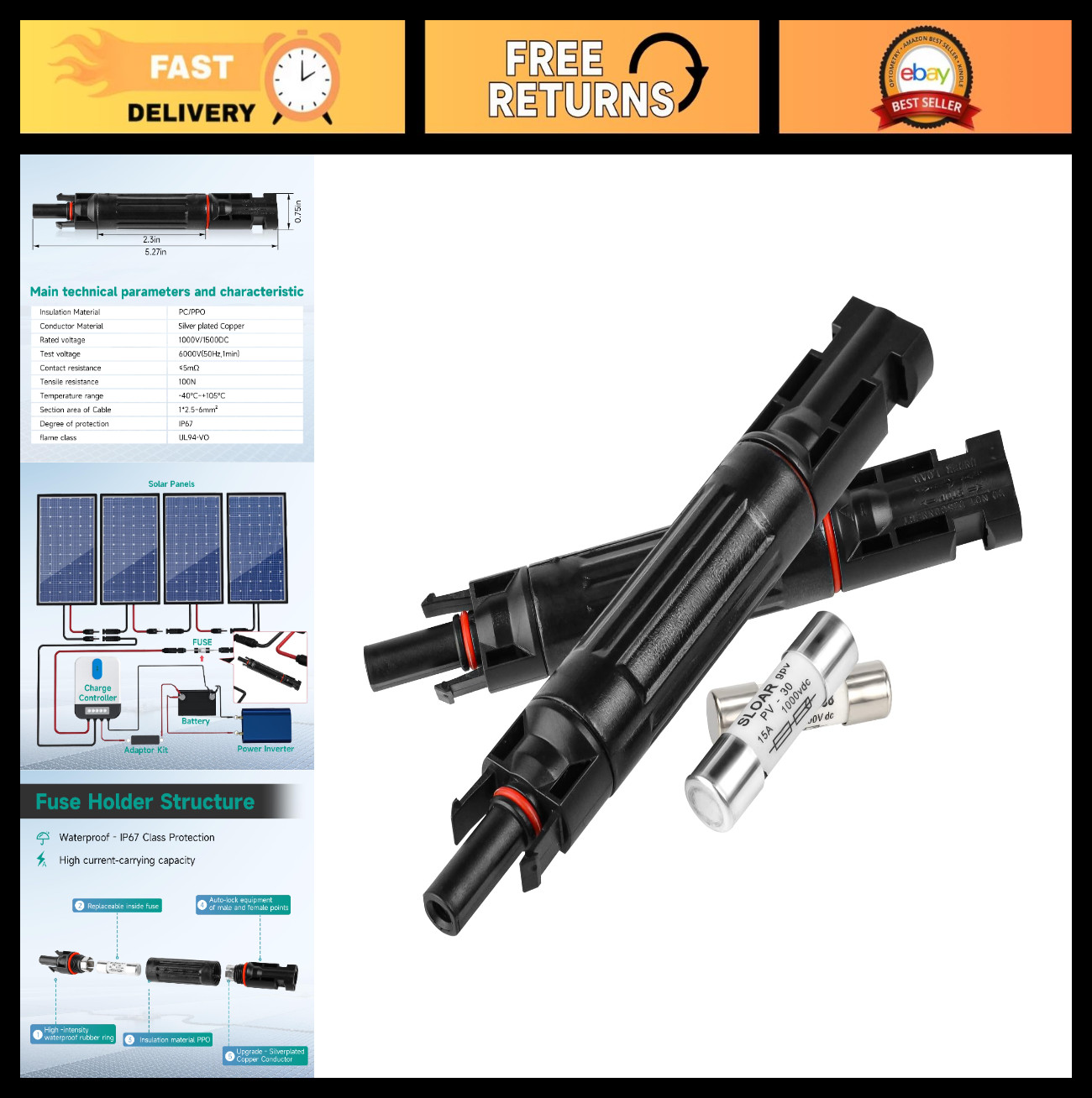 15A 1000V Solar Fuse Holder IP67 Inline Connectors for PV Panel – 2 Pack