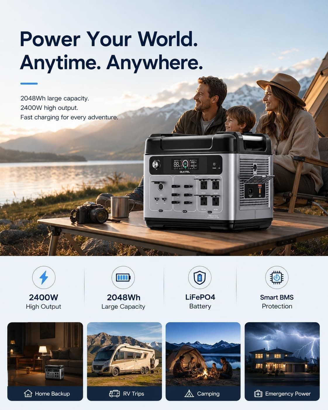OUKITEL 2048Wh Solar Generator, 2400W Power Station with LiFePO4 Battery
