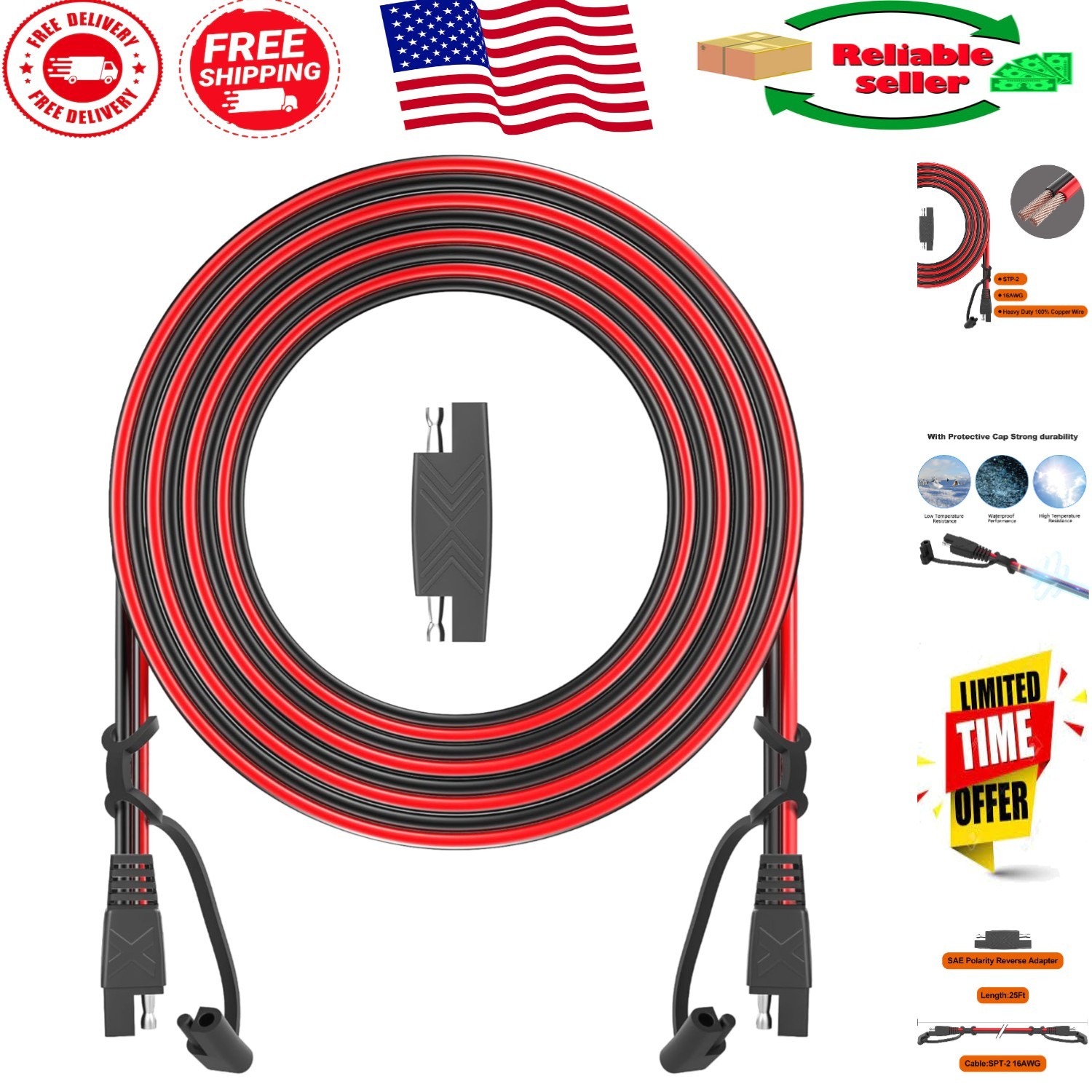 Water-Resistant 12FT SAE Extension Cord | 16AWG Heavy Duty with Polarity Adapter