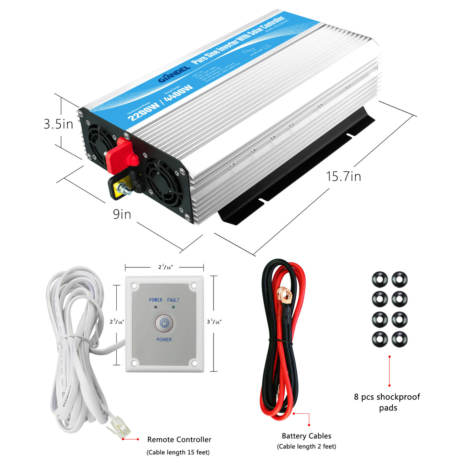 Pure Sine Power Inverter 2200W 12V/120V 20A Solar Controller USA Transistor