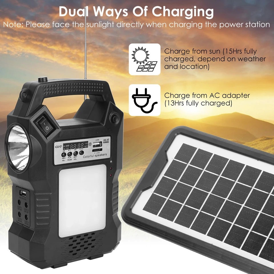 Portable Solar Power Station Rechargeable Backup Power Bank w/Flashlight 3 Light